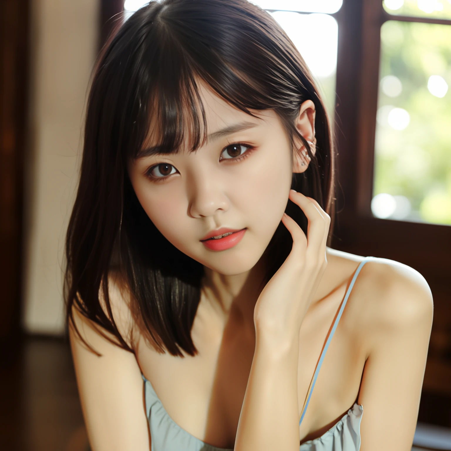 (Tabletop, Highest quality、Attention to detail:1.1、Very attractive adult beauty、Add vibrant highlights to your eyes、Backwards、look back、A beautiful woman with adult charm、Perfect Anatomy、Long Hair、Shiny Hair、Lip gloss),1 person, alone, Realistic、Please tilt your head a little, short and Shiny Hair、 Off-the-shoulder knit sweater with a wide neckline、Exposed G-cup large breasts、bangs、Big eyes、eyelash、(((Ecstatic expression as breasts are caressed、Face is a little red、Embarrassing)))、((絶対に美しいbangs:1.4))、Big eyes、Give students a very strong highlight、(Huge breasts:1.4}、Very large breasts、Very beautiful beauty、Please lend me your ear、Long neck、Beautiful Teeth、Heart shaped eyes))、28 years old、Very cute supermodel、expensive