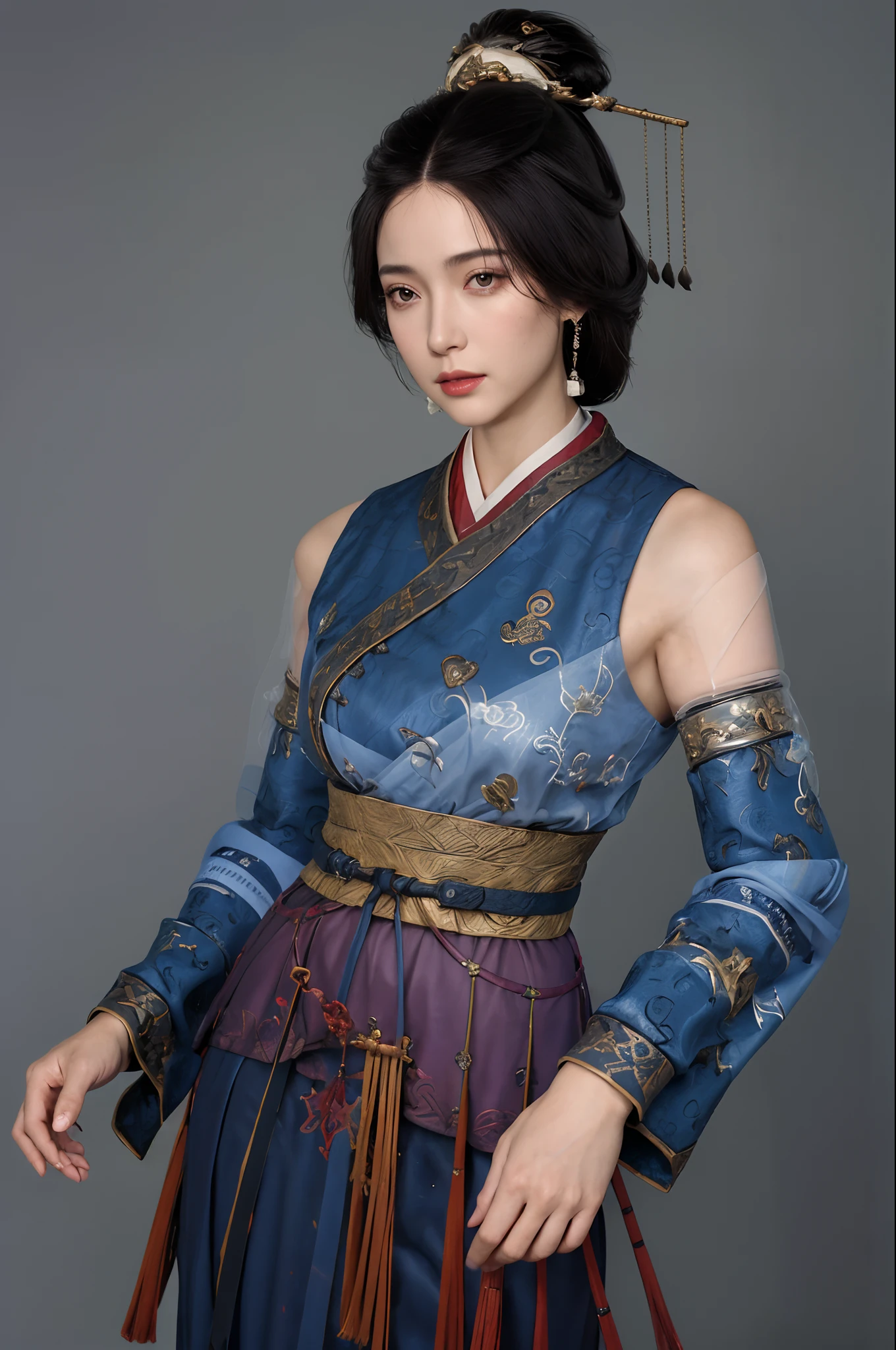 best quality,masterpiece,8k wallpaper,absurdres, highres, ultra detailed, (****ung beautiful girl, solo:1.1),realistic,hair ornament, black hair,cowboy shot, hair stick, chinese clothes, dress, looking at viewer, standing, brown eyes, sash, jewelry,realistic, blue dress.BREAK