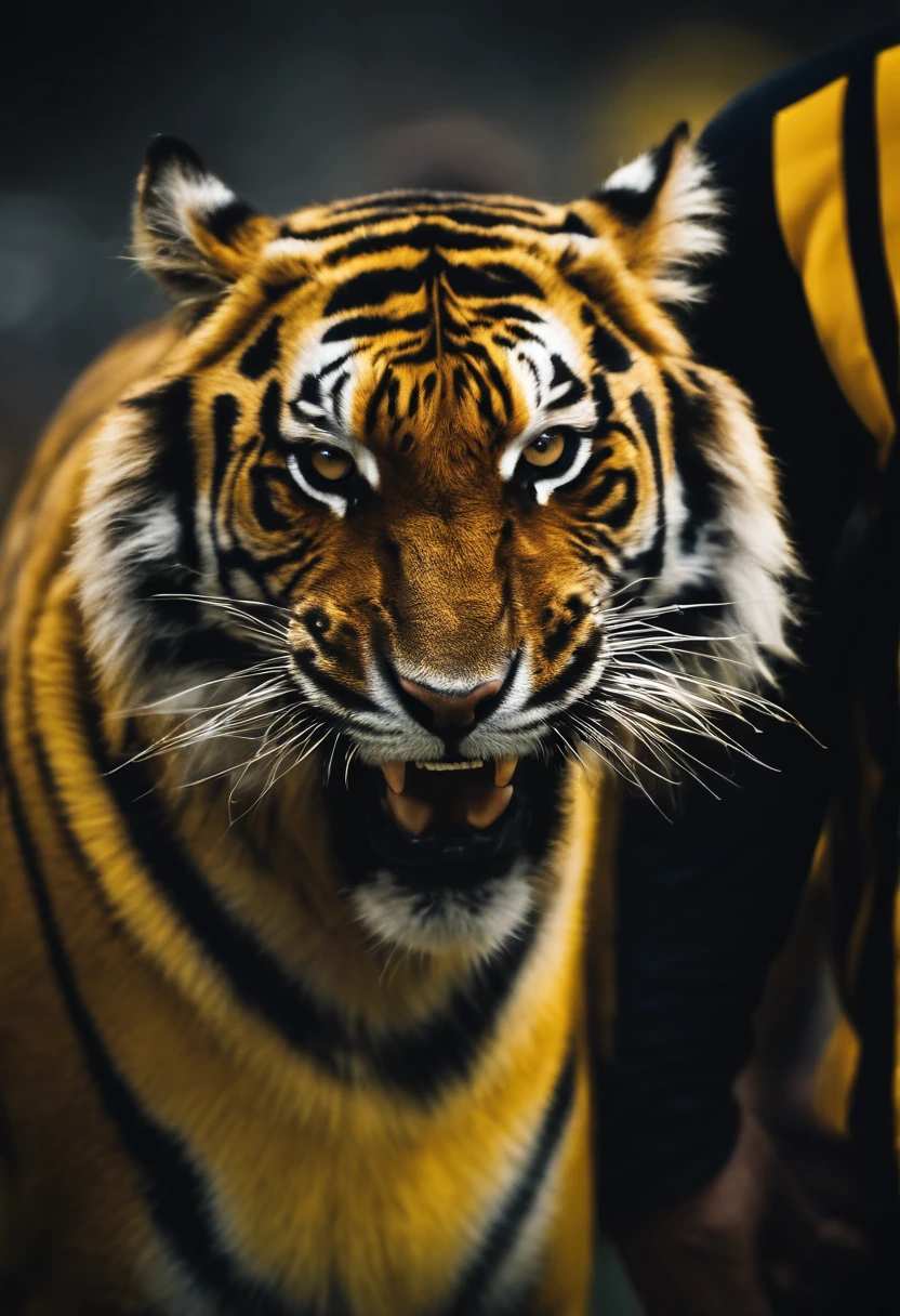 Capture the intensity of the Malaysian football team's performance with an image of a roaring tiger, yellow jersey with black stripes, tiger stripes, representing their fierce determination and passion for the game