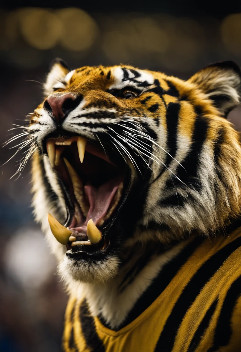 Capture the intensity of the Malaysian football team's performance with an image of a roaring tiger, yellow jersey with black stripes, tiger stripes, representing their fierce determination and passion for the game