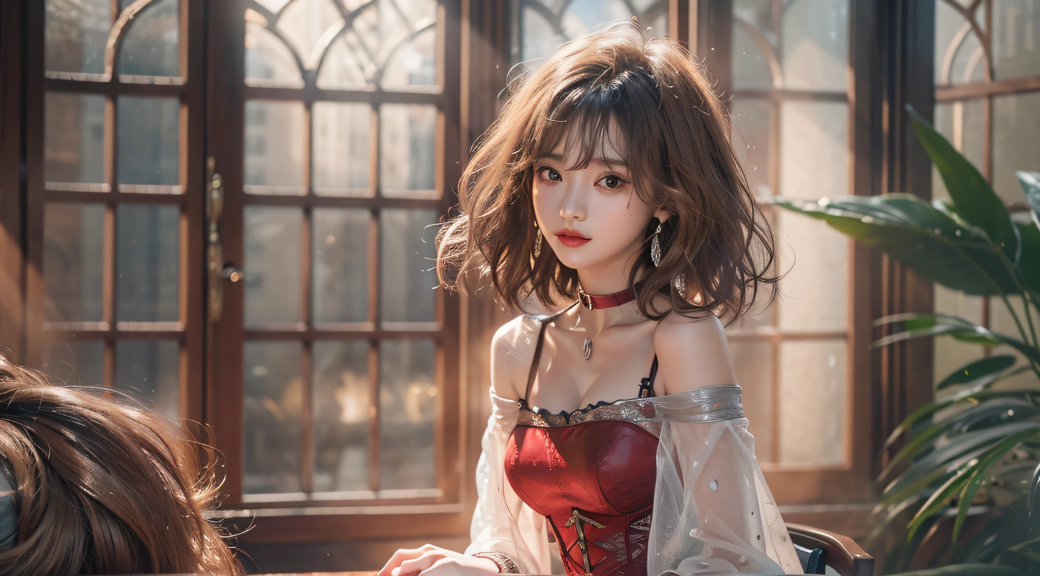 ((Shot))、(Photoreal Stick:1.2)、8K  UHD、A high resolution、(1girl in)、in her 20s、(looking at viewe)、(brunette color hair), (Bery short hair)、(ssmile)、(High quality shadows)、Detail Beautiful delicate face、Detail Beautiful delicate eyes、Beautiful pop girl、(Korean Urzan face)、(ulzang-6500-v1.1:0.6)、PureErosFace_V1、glowing light eyes、perfect bodies、 Incredible dynamic range photography(util_The art of Smus-768:1.1), teak、Bright red lipstick、Glossy lips、((strong lights))、(choker necklace)、(Red transparent nose)、((Brown eyes))、((Beautiful Finger))、 (silver accessories)、Shiny hair、Describe beautiful and delicate hair、(Glossy glossy skin)、(Black transparent dress)、(Corsets)、(Evening)、(Rooms with large windows)、Light coming in through the window、(Dim concrete ruins)、(Sit in an old chair)、(Background blur)、
