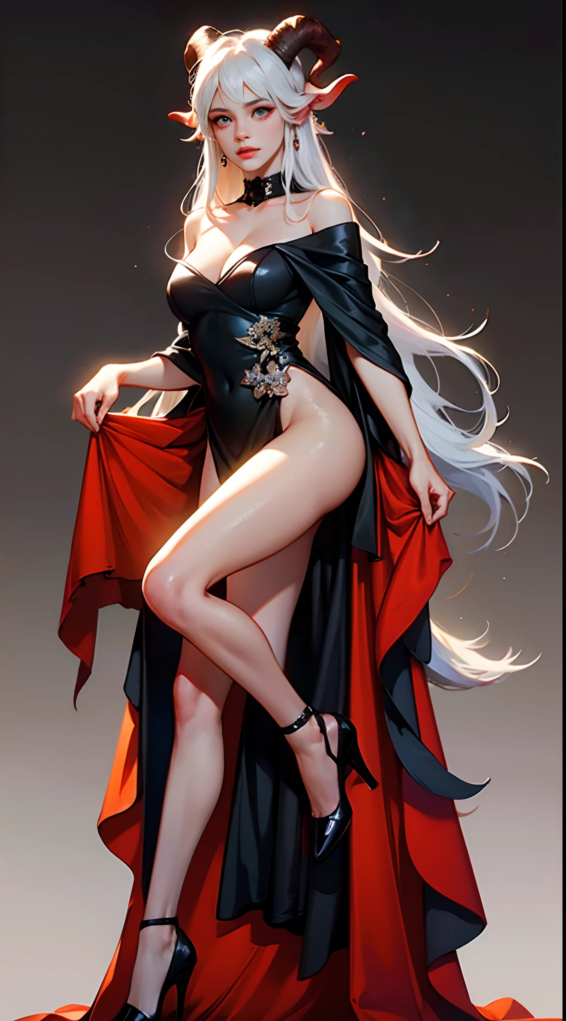 female devil with two horns, fire as background, White color hair, Off-the-shoulder attire, sexy dress, masterpiece, (high detail:1.1), Rough face, seductive, sexy pose, fashion model posing, Large breasts, Natural skin, high quality, NSFW, beautiful eyes, (Detailed face and eyes), (the face: 1 2), noises, Extra, real photograph, PSD, Lamp film photography, sharp focus, contrasty lighting, Delicate skin, High resolution 8K, insanely details, realistic-lying, professional photo shooting, 8K UHD, SLR camera, soft lighting, high high quality, film-grain, Fuji film XT3, showing a delicate slim figure and graceful curves, (beautiful long legs:1.3), (Delicate and detailed face and eyes, Delicate makeup:1.2),