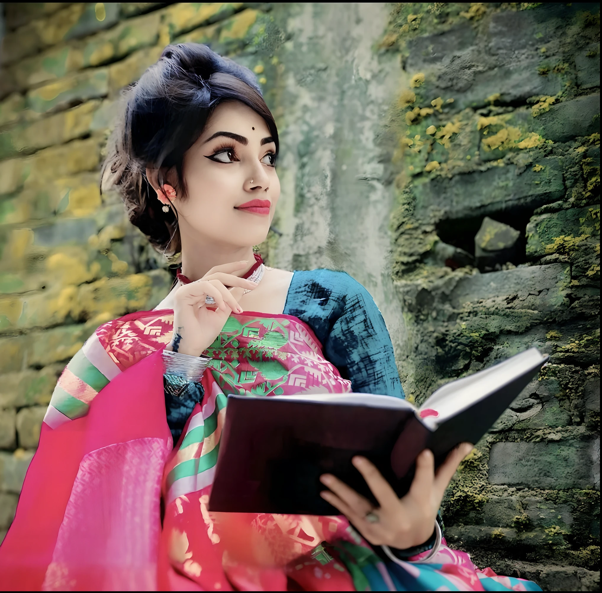 woman in a sari reading a book in front of a brick wall, assamese aesthetic, wearing bihu dress mekhela sador, traditional beauty, village girl reading a book, with lovely look, very beautiful photo, candid picture, traditional art, dressed in a sari, stylish pose, beautiful himalayan woman, with a beautifull smile, candid portrait