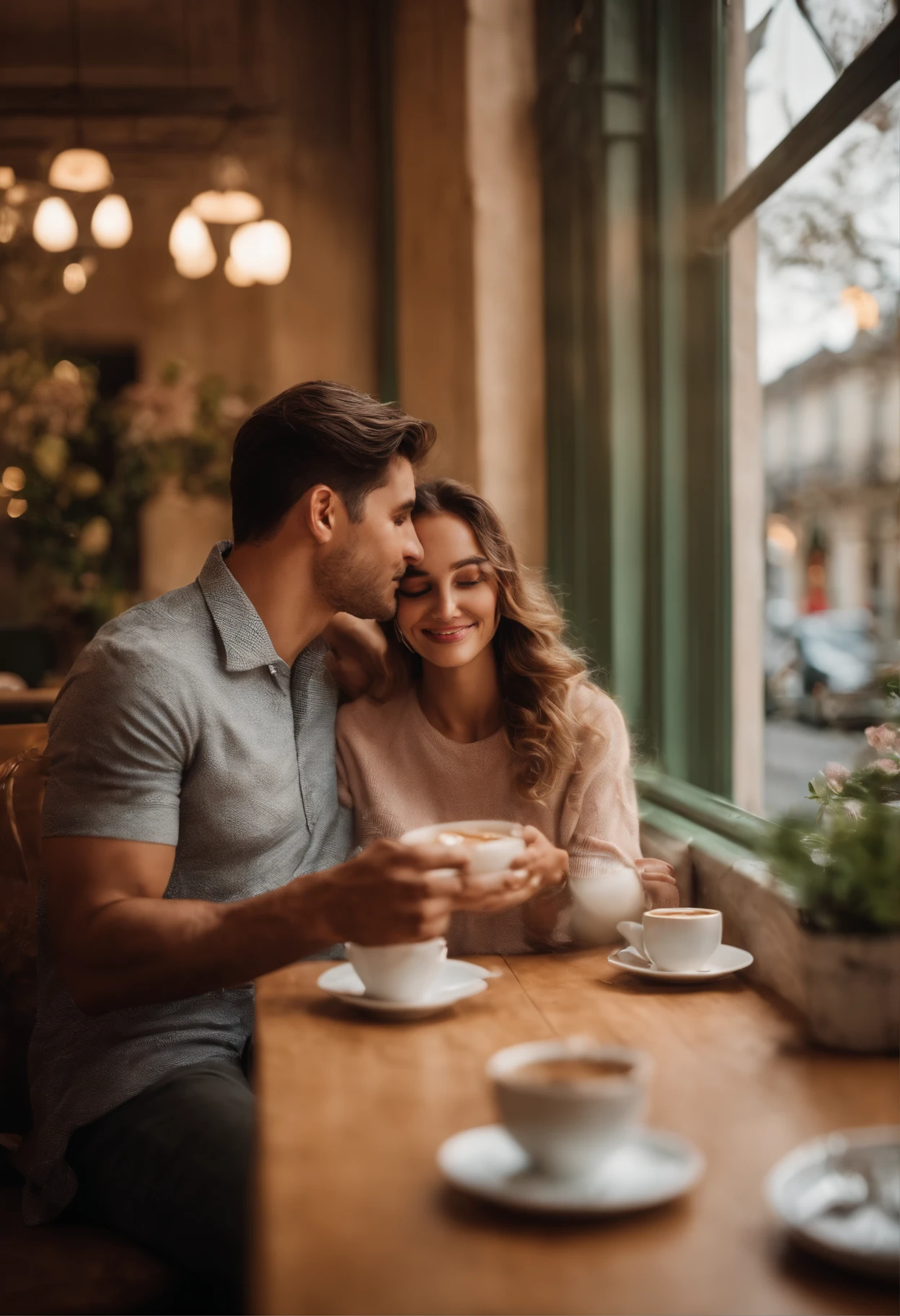 Describe an emotional scene in which a couple in love share a coffee and cake in a charming coffee shop surrounded by large glass windows. A vista da cafeteria revela uma rua adornada com cerejeiras em plena primavera, whose flowers bloom in an explosion of soft and delicate colors. The ambient light inside the cafeteria is so soft and cozy that it seems to envelop the couple in a warm embrace. Detail the expressions of love and happiness on the couple's faces as they enjoy each other's company and appreciate the beauty of the scene that surrounds them."