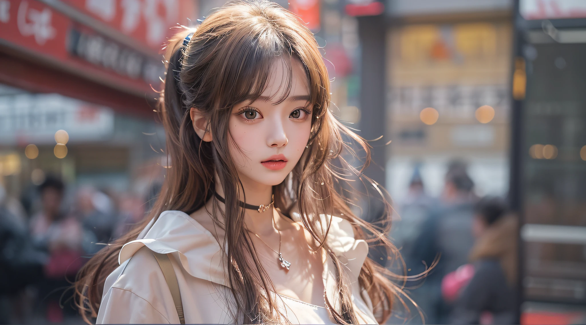 best quality detail:1.2, hentail realism, 8K UHD, A high resolution, 1girl in:1.2, The ultra-detailliert, High quality textures, intricately details, detaileds, Very detailed CG, High quality shadows, Detail Beautiful delicate face, Detail Beautiful delicate eyes, depth of fields, Ray traching, in her 20s, Beautiful pop girl, Korean Urzan face:1.1, Slender face, ulzang-6500-v1.1:0.6, PureErosFace_V1, glowing light eyes, teak, Glossy lips, perfect bodies, choker necklace、nedium breasts、 Brown hair、poneyTail:1.1, street, Particle, view the viewer, Photorealsitic:1.4, ultra - detailed, Photos realistic, 4K 8K Ultra HD full-color RAW photos, Fuji Film(Medium format:1.2), hasselblatt:1.2, Carl Zeiss:1.1, Incredible dynamic range photography(util_The art of Smus-768:1.1), A high resolution, high pixel count, Clear details, Sharp Images, Natural color reproduction, denoised, High fidelity, quality, Software improvements, upscaled, Optimization algorithm, Professional-grade grooming、((Shibuya, tokyo prefecture))、On the way to shopping、((Fashion clothes with a very high design))、Shirt dress: Oversized shirt dress、Simple and stylish style