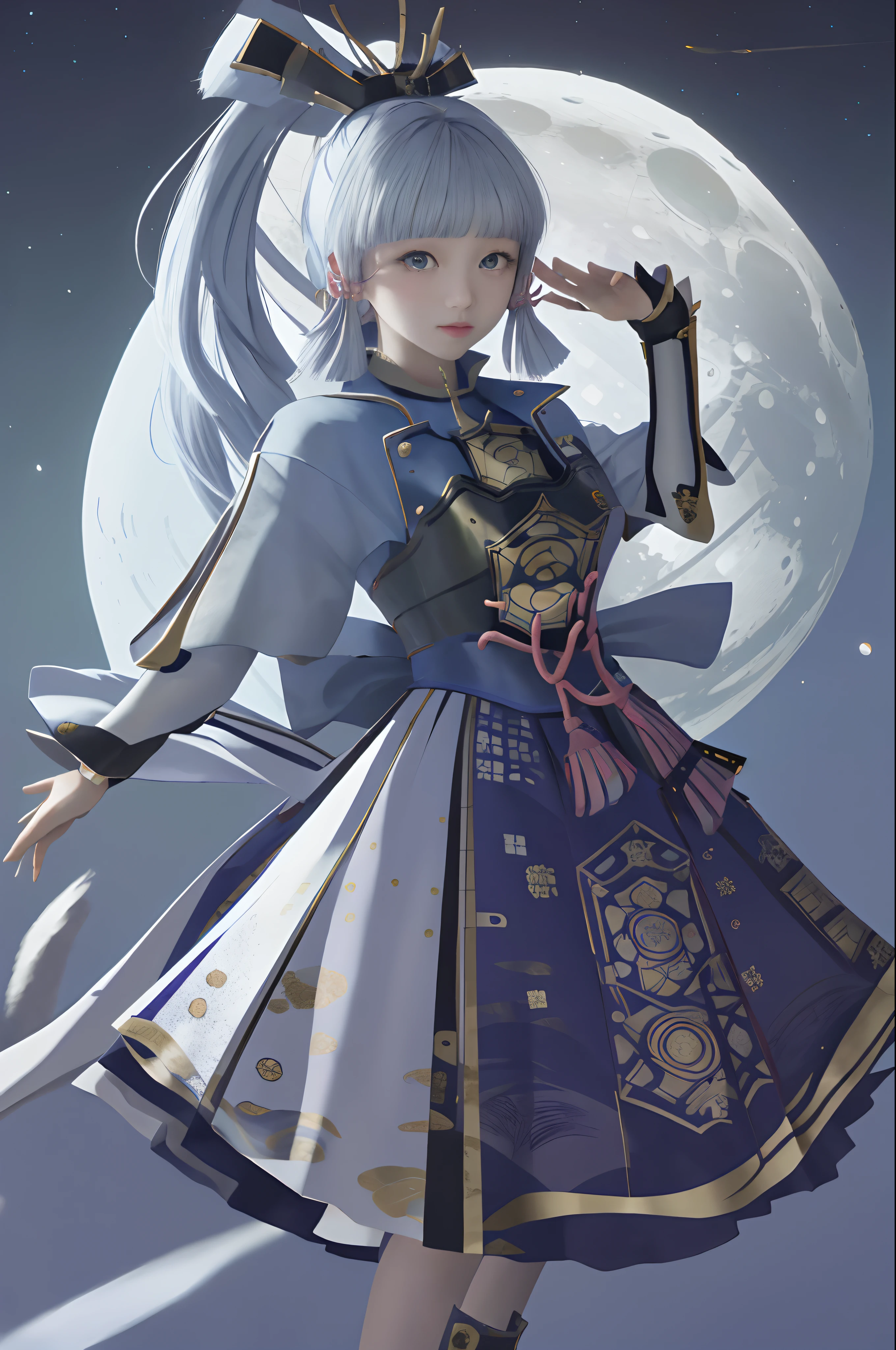 ​masterpiece, Hi-Res, top-quality, 1 Girl Solo, Kamisato_Ayaka, middlebreasts、is standing, From  above, see the beholder, Light smile, Moon Night、Big Moon、