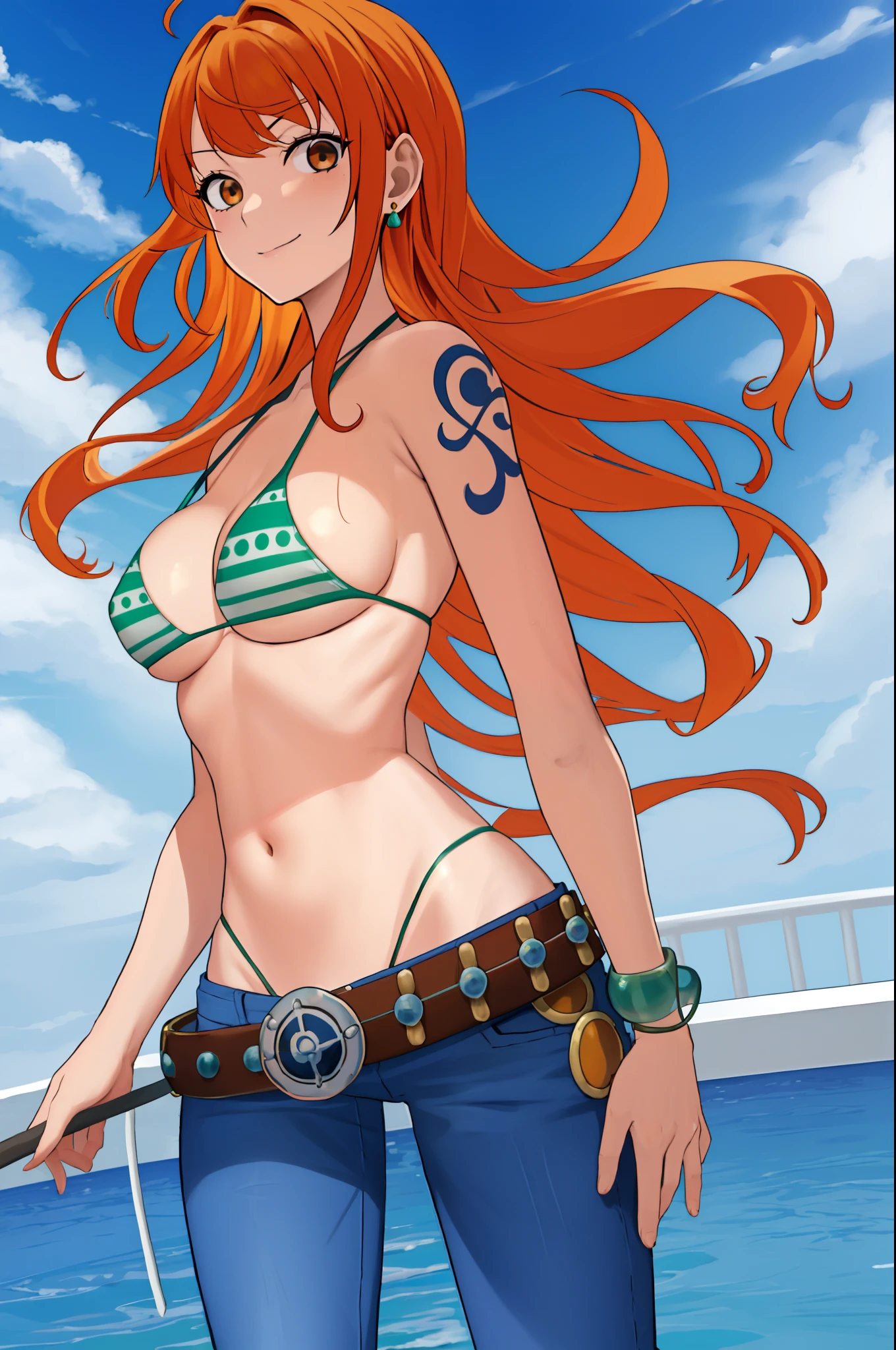 detailed background, masterpiece, best quality, 1girl,solo, from behind, nami \(one piece\), 1girl, bangle, bangs, bare shoulders, belt, bikini, bikini top only, blue sky, bracelet, breasts, brown eyes, bubble, cloud, cowboy shot, day, denim, earrings, floating hair, green belt, green bikini, groin, jeans, jewelry, large breasts, log pose, long hair, looking at viewer, navel, orange hair, pants, shoulder tattoo, sidelocks, sky, solo, standing, swimsuit, tattoo , looking at viewer,whale tail ,thong,(smile:0.8), looking back at viewer