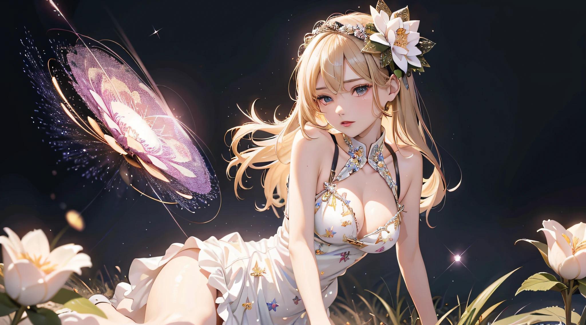 (best quality, masterpiece), 1girl, galaxy, glitter, dress, particle, wind, flower, upper body, dark simple background, looking at viewer, blonde,