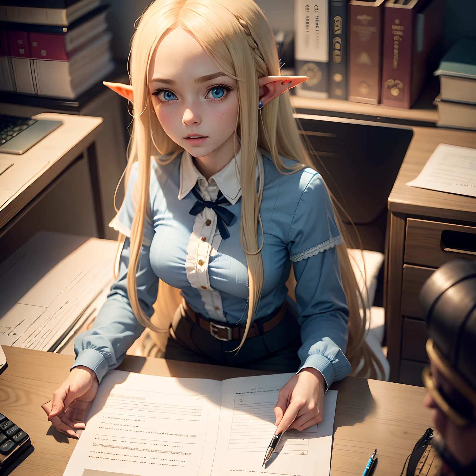 a young blonde elf girl with long hair and blue eyes, working at her desk, talking to an orc in the office.