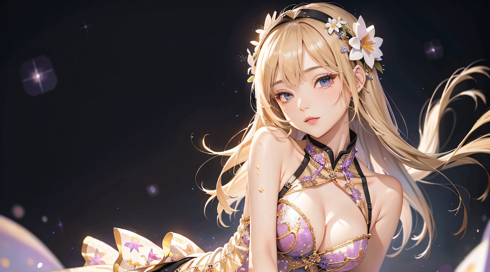 (best quality, masterpiece), 1girl, galaxy, glitter, dress, particle, wind, flower, upper body, dark simple background, looking at viewer, blonde,