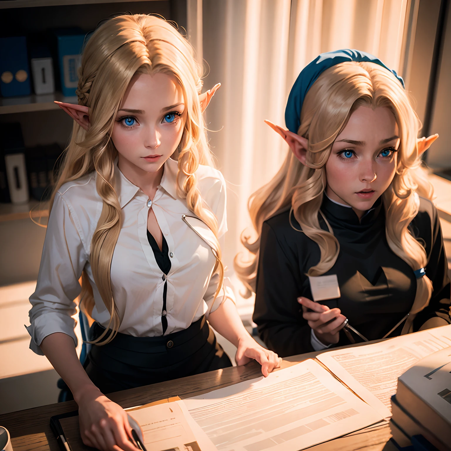 a young blonde elf girl with long hair and blue eyes, working at her desk, talking to an orc in the office.