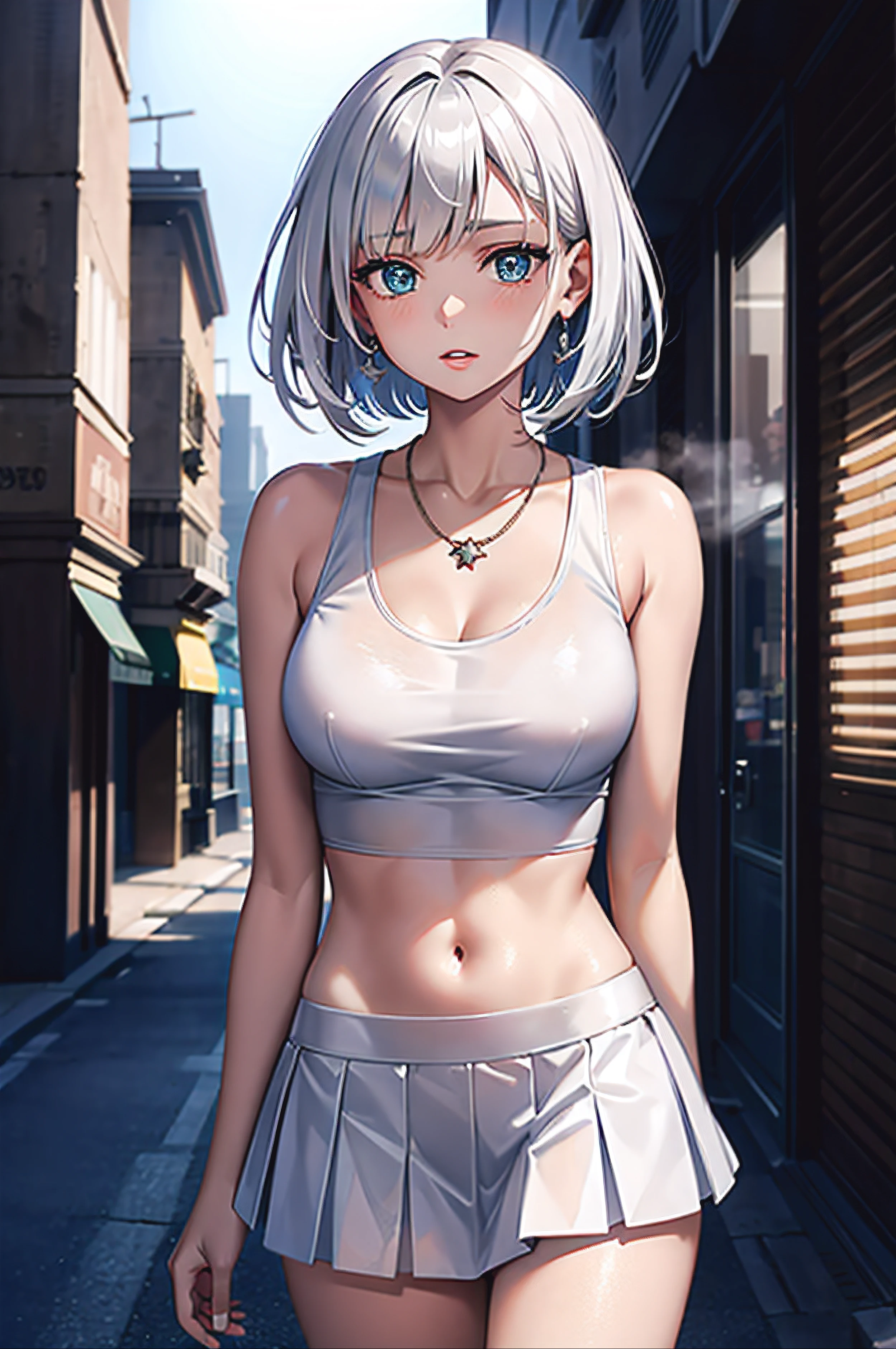 Best quality, masterpiece, high resolution, 8k, ultrasharp, 1girl, girl, looking at viewer, standing straight, fit body, medium boobs, side boob, gorgeous face, lips and nose, emotionless face, beautiful light eyes, white hair, bob cut, wearing white basic cropped tank top, white pleated cheer skirt, pierced earrings, beautiful necklace, standing in a urban city, high resolution, best quality, 4k, 8k, ultra sharp, high quality