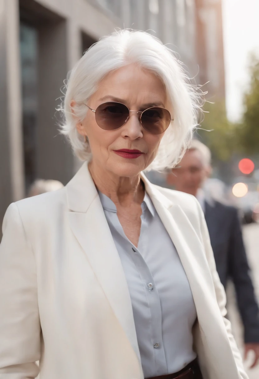 (((Walk through the city with confident steps))) Women around 60 years of age, Natural white hair, Slender and elegant, beautiful, ultra sharp focus, Realistic shots, sunglasses, Women's Suits