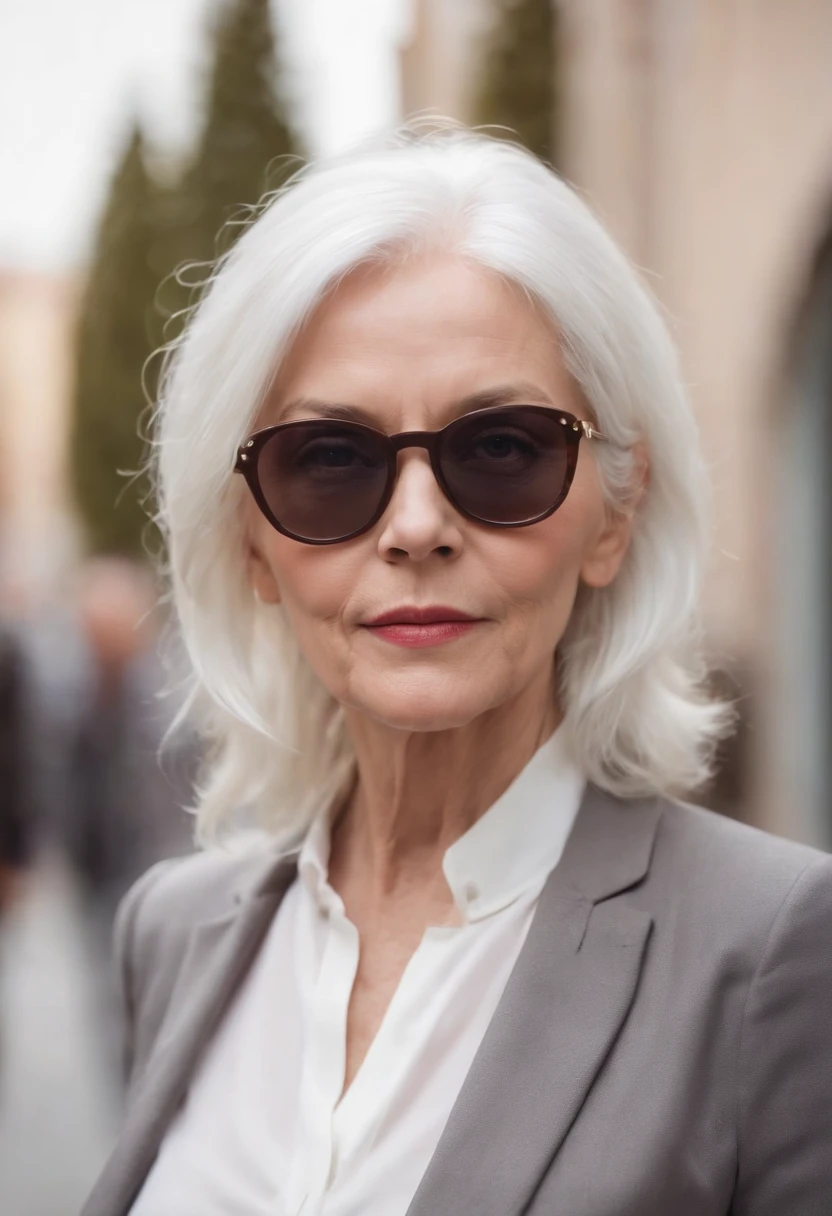 (((Walk through the city with confident steps))) Women around 60 years of age, Natural white hair, Slender and elegant, beautiful, ultra sharp focus, Realistic shots, sunglasses, Women's Suits