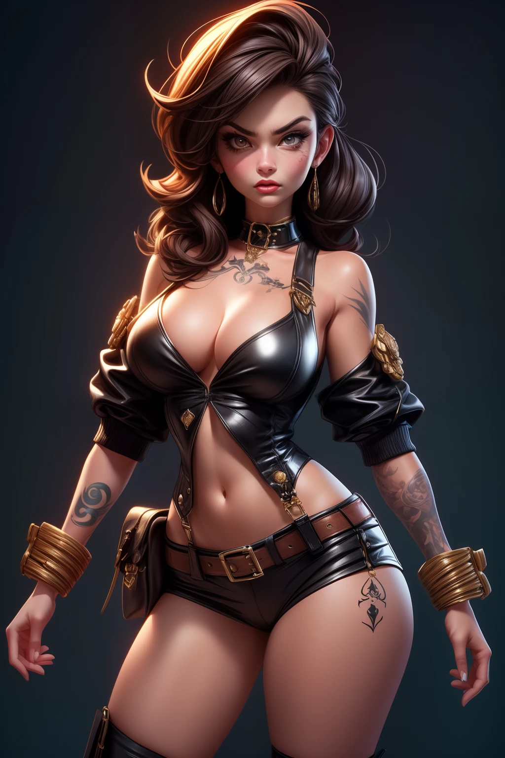 high quality, masterpiece, 30 years old woman with saggy breast, showing F/2.8, 5D, 16k, Super- angry look 3d of the very beautiful Jasmine in a rebellious pin-up style, wearing a daring outfit with a mix of classic and modern elements. Her skin is adorned with vibrant tattoos that showcase her rebellious nature.,