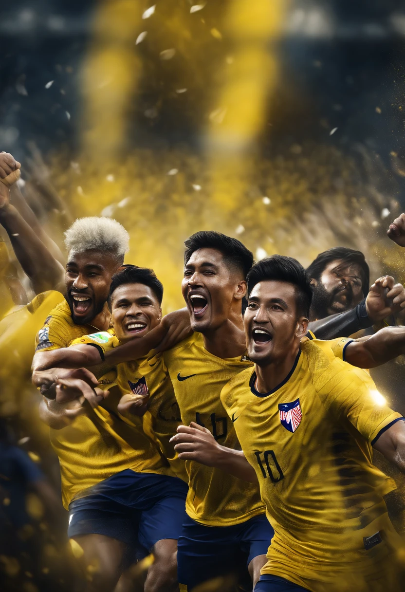Design a photo realistic dynamic poster featuring  3 Malaysia football team players in action, with a backdrop of passionate fans waving Malaysian flags. The poster prominently features the team's iconic yellow jerseys with black tiger stripes, showcasing the unity and spirit of the team and its supporters. 8k, high quality image, ultra detail, bokeh, cinematic effect, hyperrealistic image,