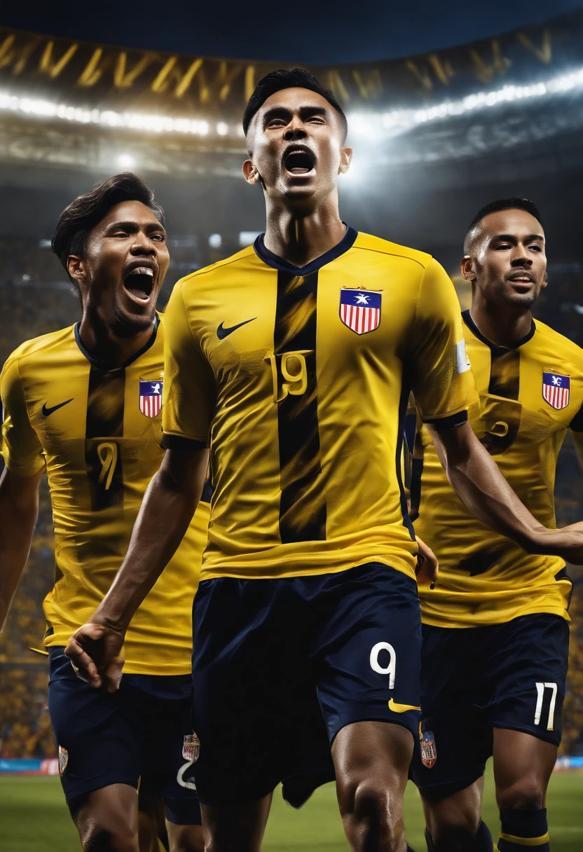 Design a photo realistic dynamic poster featuring  3 Malaysia football team players in action, with a backdrop of passionate fans waving Malaysian flags. The poster prominently features the team's iconic yellow jerseys with black tiger stripes, showcasing the unity and spirit of the team and its supporters. 8k, high quality image, ultra detail, bokeh, cinematic effect, hyperrealistic image,