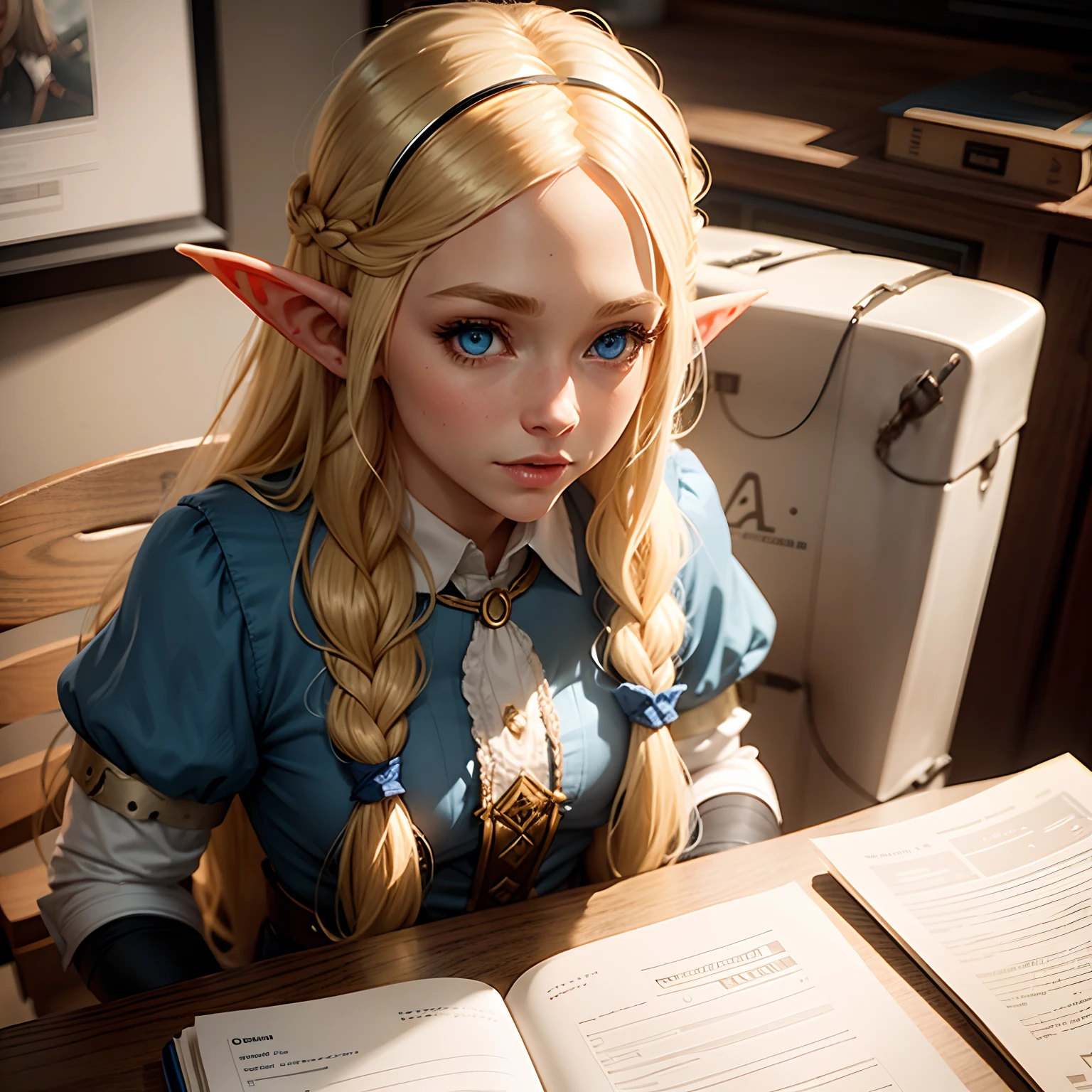 a young blonde elf girl with long hair and blue eyes, working at her desk, talking to an orc in the office.