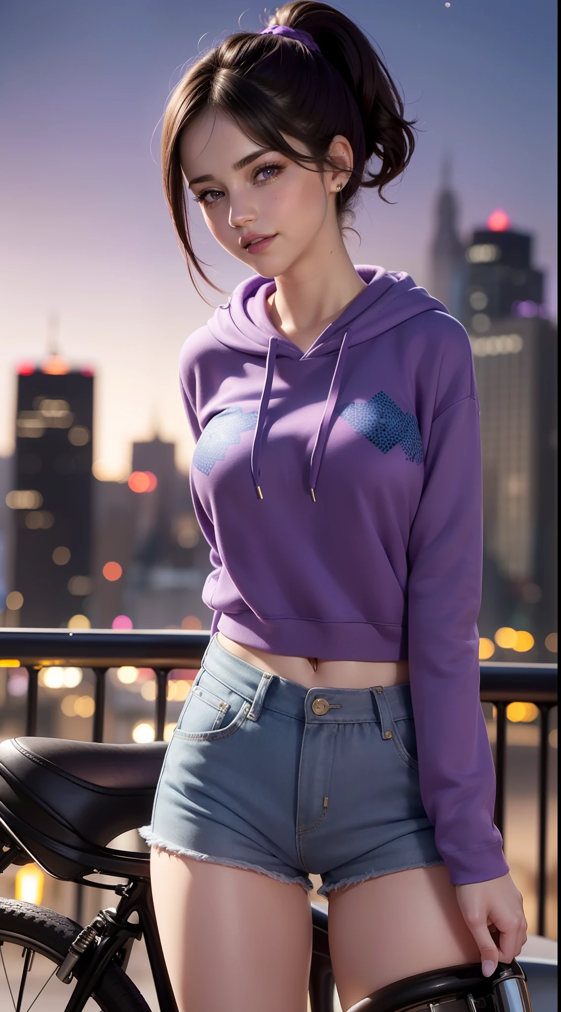 ((Selena Gomez:Emma Watson:0.8)), ((30year old)), Adult, mature lady, mature girl, hair((short, purple, purple)), eyes((smart eyes, blue)), clothes((hoodie, hotpants, pattern, pattern)), accessories ((hair pin, ponytail)), smiling, gigantic breast, big boobs, city, night sky, smile, riding Motorcycle, sitting on bike,