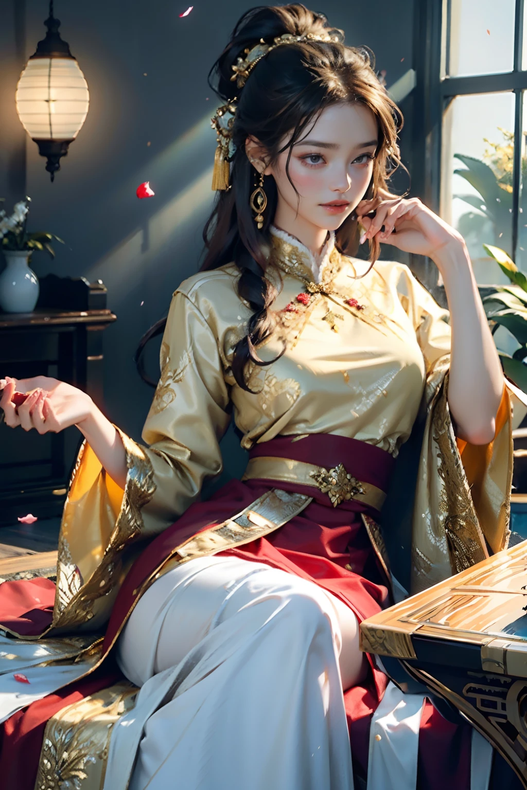 best quality, masterpiece, highres, (exquisite body:1.5),gorgeous face,(milky skin:1.3),intricate details,high resolution,wallpaper,
1girl, solo, dress, hair ornament, (((gold and red dress))), flowers, long hair, brown hair, closed mouth, jewelry, long sleeves, hand up, wide sleeves, big eyes,floating hair, chinese clothes, hanfu, embroidery, long skirt, natural pose, falling petals, indoor,fanning, lantern,
16K,HDR,highres,depth field,(film grain:1.1),boken,golden hour,(lens flare),vignette,rainbowing,(color grading:1.5)