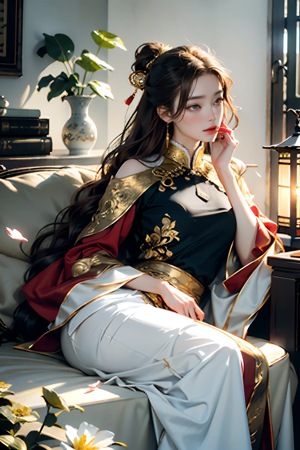 best quality, masterpiece, highres, (exquisite body:1.5),gorgeous face,(milky skin:1.3),intricate details,high resolution,wallpaper,
1girl, solo, dress, hair ornament, (((gold and red dress))), flowers, long hair, brown hair, closed mouth, jewelry, long sleeves, hand up, wide sleeves, big eyes,floating hair, chinese clothes, hanfu, embroidery, long skirt, natural pose, falling petals, indoor,fanning, lantern,
16K,HDR,highres,depth field,(film grain:1.1),boken,golden hour,(lens flare),vignette,rainbowing,(color grading:1.5)