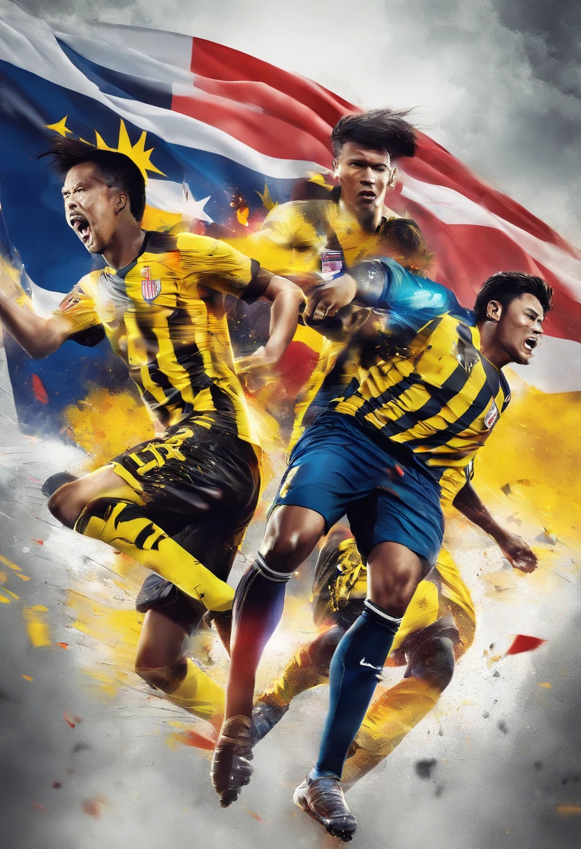 Design a photo realistic dynamic poster featuring  3 Malaysia football team players in action, with a backdrop of passionate fans waving Malaysian flags. The poster prominently features the team's iconic yellow jerseys with black tiger stripes, showcasing the unity and spirit of the team and its supporters. 8k, high quality image, ultra detail, bokeh, cinematic effect, hyperrealistic image,