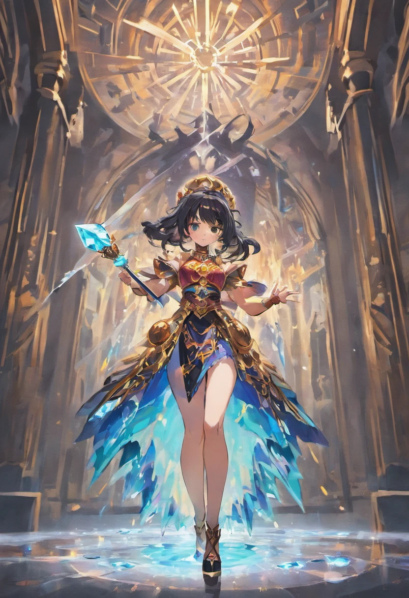 Black hair,Female mage,Open high slit long skirt,high-heels,Holding a gemstone magic staff,Ice magic