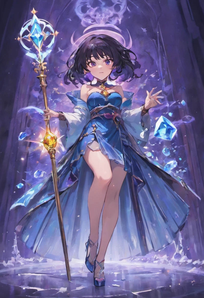 Black hair,Female mage,Open high slit long skirt,high-heels,Holding a gemstone magic staff,Ice magic