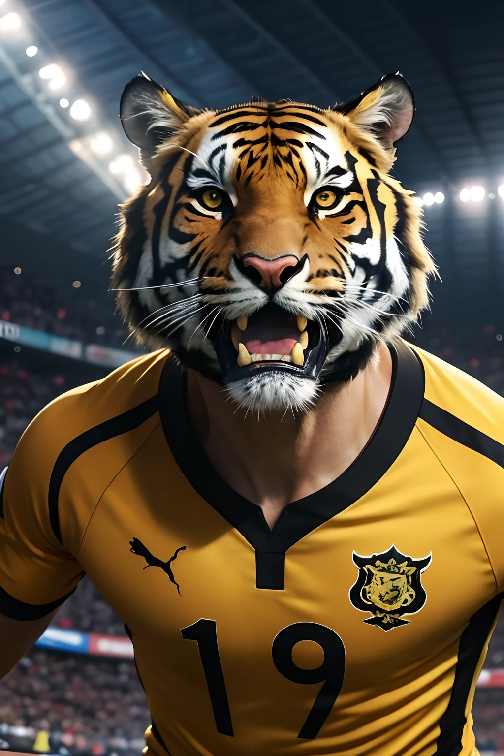 Capture the intensity of the Malaysian football team's performance with an image of a roaring tiger, yellow jersey with black stripes, tiger stripes, representing their fierce determination and passion for the game
