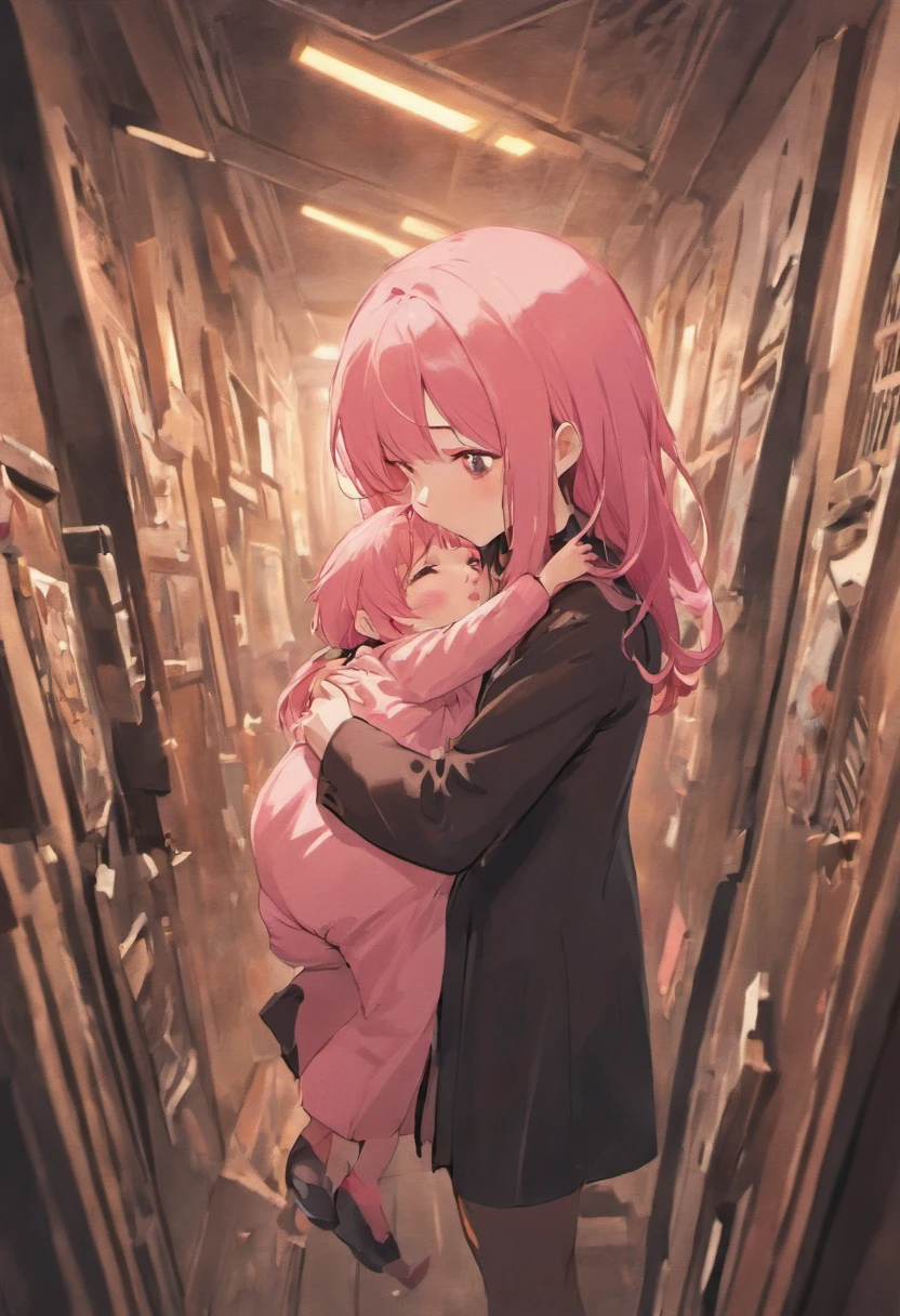 mothers, Pink hair, Bangs patsun, Brown clothes, Hugging girl, Long Black Hair, Bangs, Newborn clothing, chilom