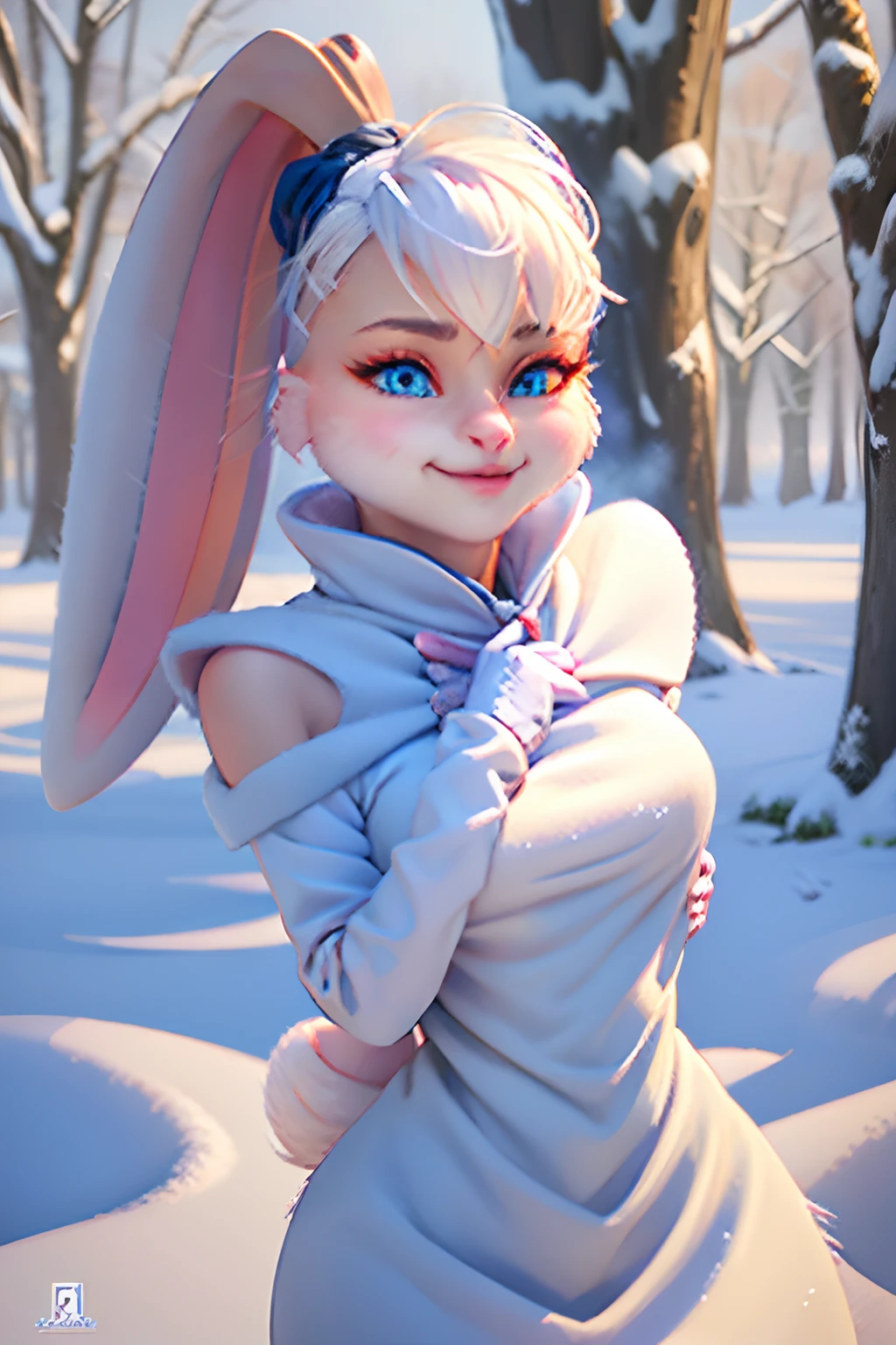 (best quality,highres),realistic,white rabbit woman in the snow,white rabbit ears,white fur,beautiful detailed eyes,beautiful detailed lips,long eyelashes,soft and gentle smile,pink blush on cheeks,glistening snowflakes on fur coat,sparkling silver jewelry,peaceful expression,winter wonderland scenery,snow-covered trees,snowflakes falling gently,soft natural light,ethereal atmosphere,subtle shades of white and blue,frosty breath in the air,fur coat with intricate patterns of snowflakes,silver snowflake hairpin,graceful stance,whispering wind,quiet serenity,magical and enchanting vibe,artistic and dreamlike touch