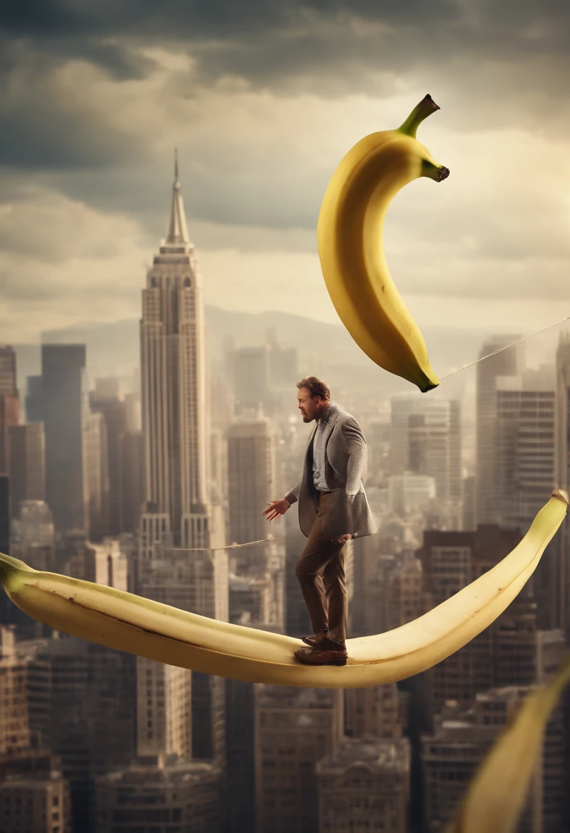 Illustrate a comical scene with a character balancing a top a giant banana peel on a tightrope high above a surreal banana cityscape, closeup, movie poster, surreal,