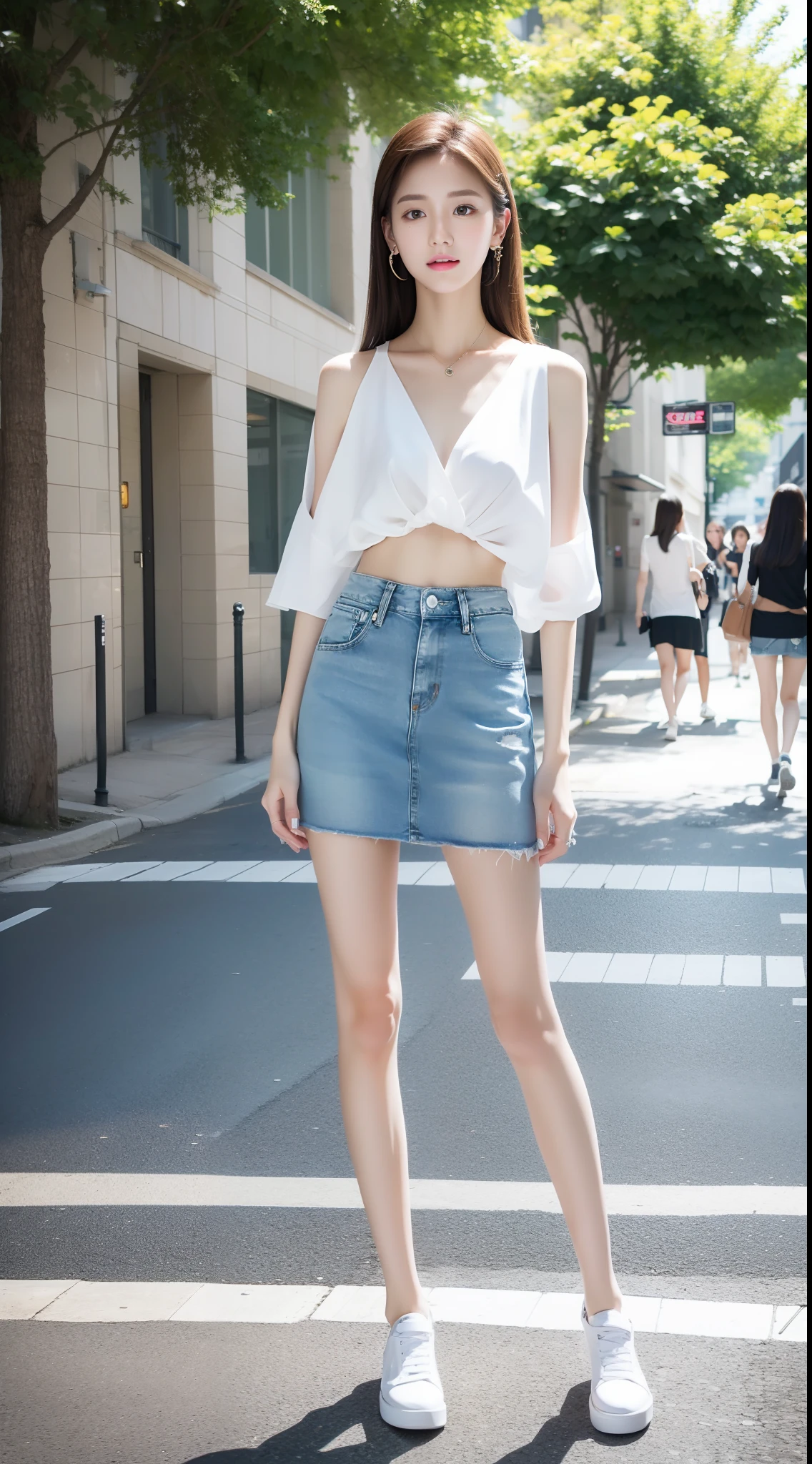 Ultra-clear resolution,Young girl,Shoulder-length hair,Light hair color,Earrings,Clear eyes,No makeup,Lip Gloss,Delicate face,Perfect face,Fair skin,Perfect breasts,Long and slender legs,Casual loose clothing,Skinny denim mini skirt,shoe,Empty outdoors