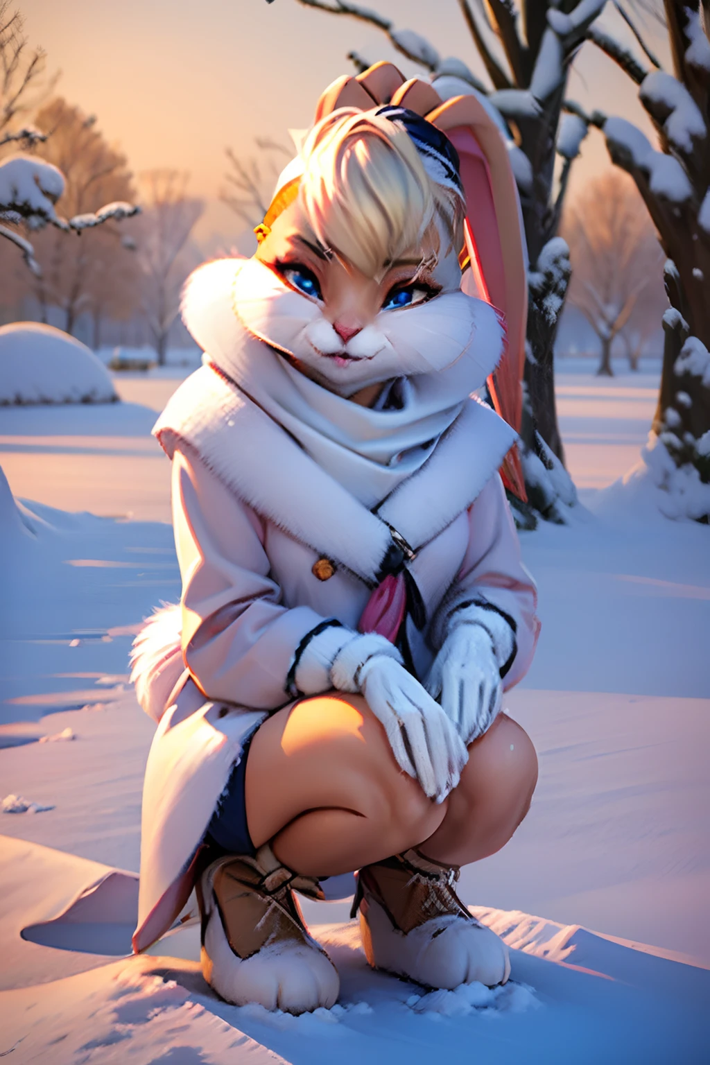 White rabbit woman in the snow, white rabbit ears, white fur