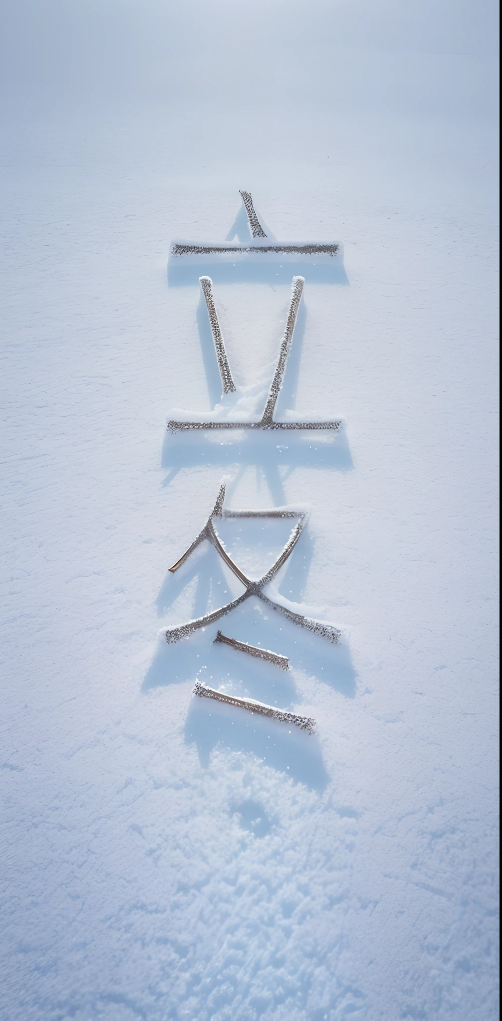 Winter morning, snow covered ground, several branches are placed on the ground, frost flower, fog on the ground, close-up, background unreal, movie lighting effects, 35mm photo, light and dark contrast, award-winning photography, panoramic, realism, SONY FE GM, 8K, top view Angle