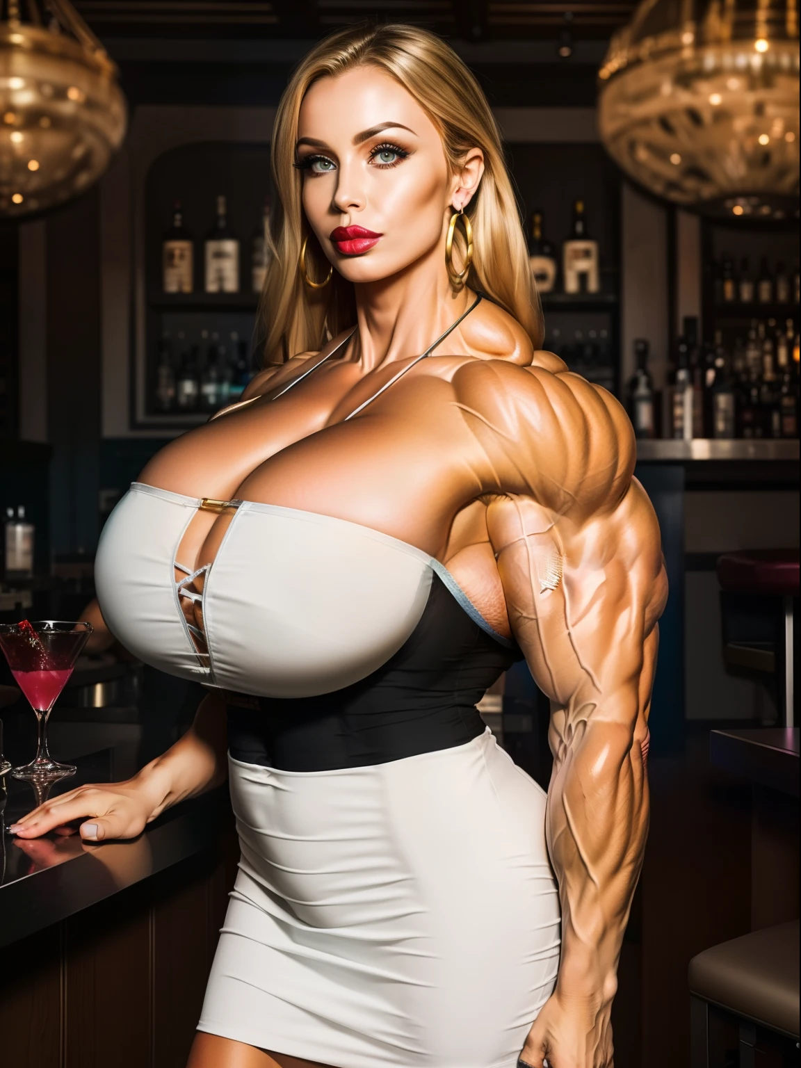 RAW colour photo, (detailed face, detailed body, detailed muscles, hdr, 8k, best quality, detailed, hyper details, cinematic, insane details, intricate details, hyperdetailed, accurate hands, accurate fingers, in focus, photo, ultra wide angle):1.4, (((photorealistic:1.5))), front view, (1girl), (a stunning beautiful Nicolette Shea), (stood next to the bar of an expensive cocktail bar), face in frame, eye contact, ((sultry expression)), ((white low-cut strapless dress)), ((huge boobs:1.8)), (huge cleavage:1.4), (((very muscular:1.5))), huge biceps:1.5, huge quads:1.5, huge shoulders:1.5, bodybuilder:1.5, slim waist, huge lips:1.9, lip fillers:1.9, silicone lips:1.9, red lipstick, very long straight blonde hair, gold hoop earrings, (dark eyeliner)