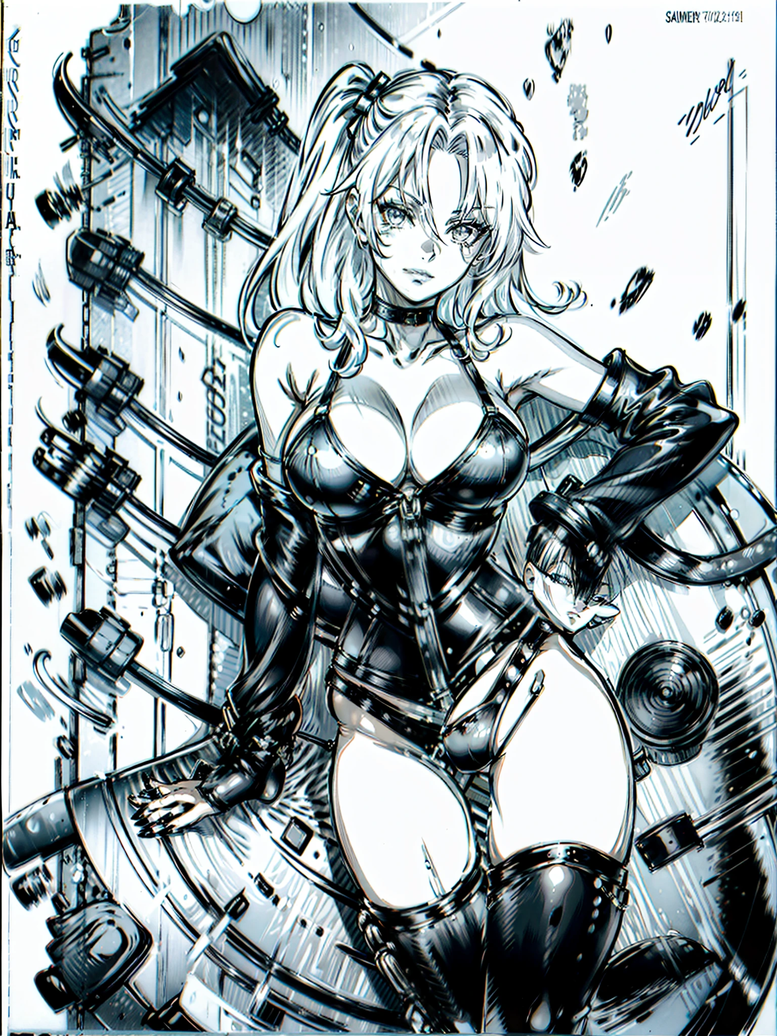 araffed Pamela Anderson in a black leather dress posing for a picture, pamela anderson, in a leather corset, black leather bra, wearing leather swim suite, leather top, skintight leather clothes, sultry smirk, leather,, wearing leather bikini), dressed in biker leather, leathery, monochrome, greyscale, manga sketch