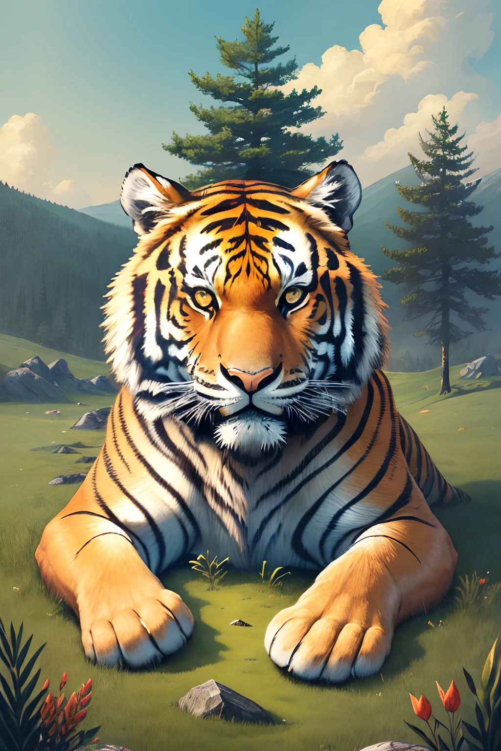 (((masterpiece))),bestquality,illustration,beautifuldetailedglow,
paper_cut, tiger,pines,stone,grass,tree