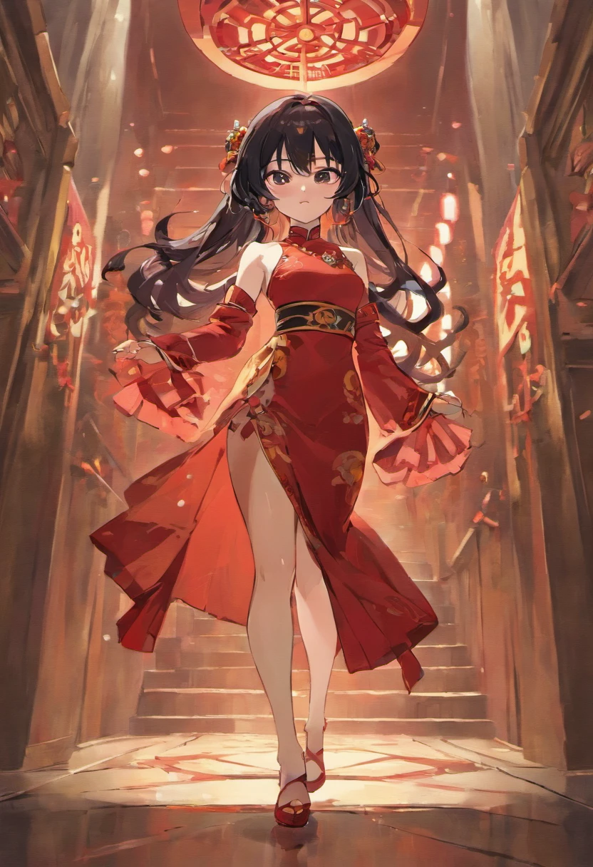 Long black hair,Red cheongsam,Open high slit,Thigh socks,Pendant earrings,Qigong,Faraway view,high-heels