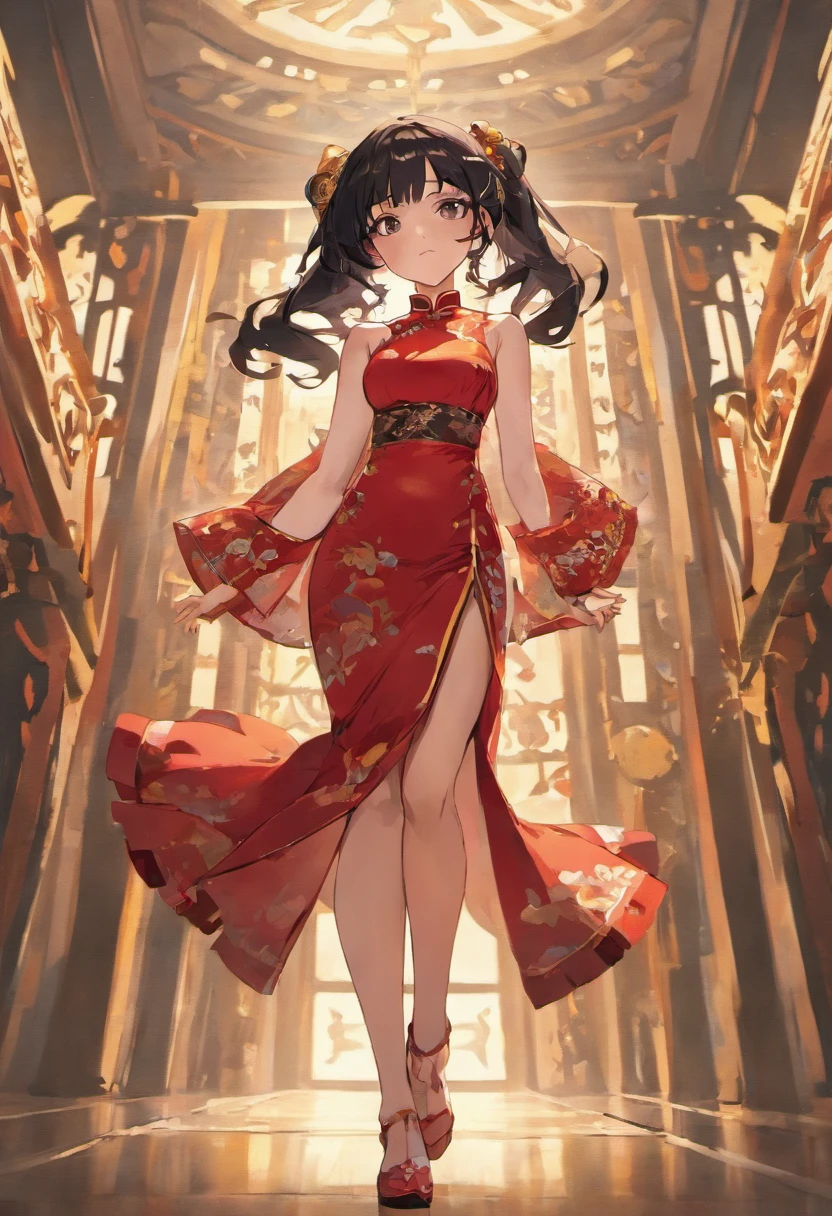 Long black hair,Red cheongsam,Open high slit,Thigh socks,Pendant earrings,Qigong,Faraway view,high-heels