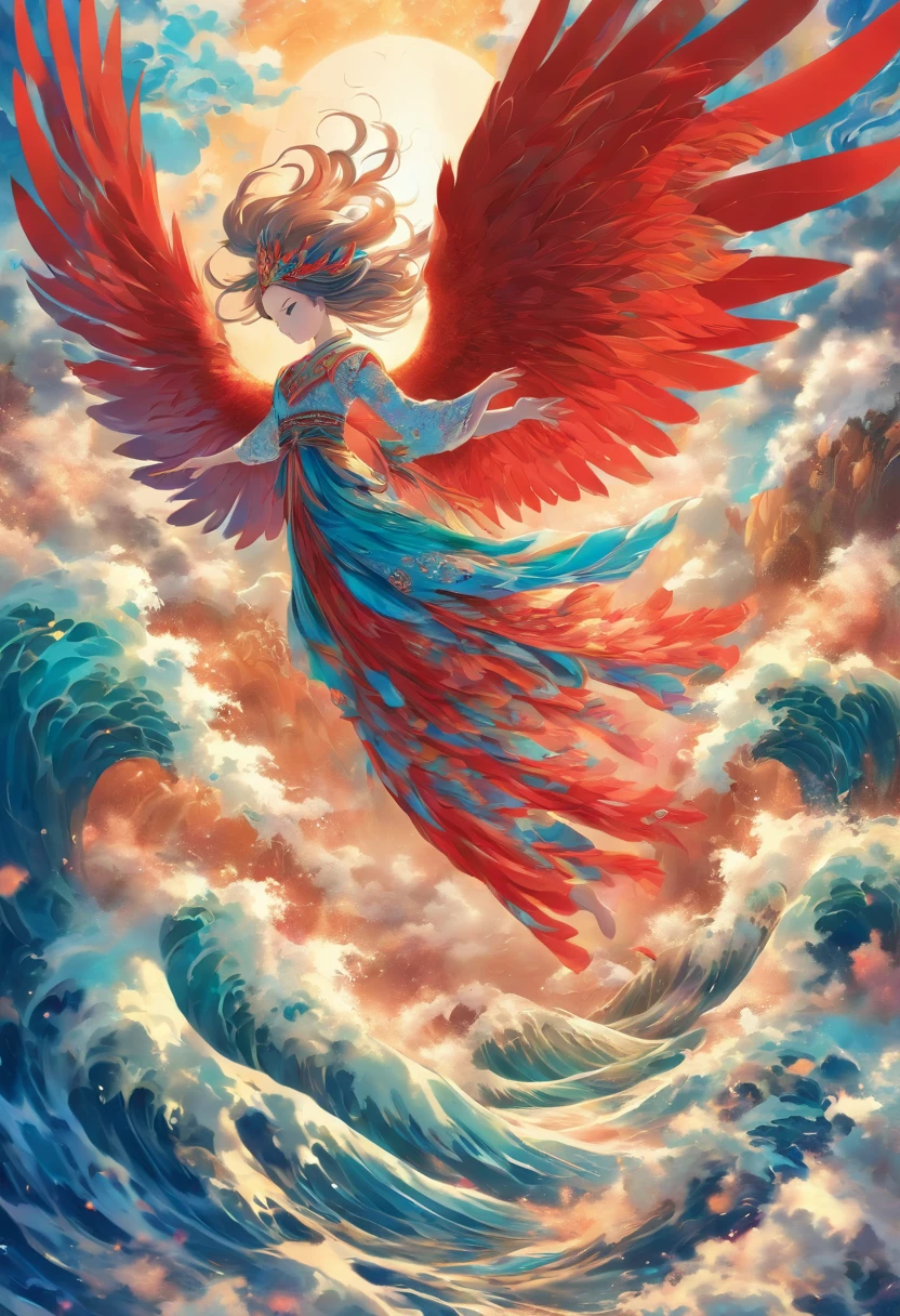 A mythical crimson and azure plumed bird diving down, talons grasping a drowning girl from raging waves. The bird lifts her into the air and sunlight, wings enclosing her protectively. Painted in fantastical Eastern style with bold colors and thick textured brushwork. Heavenly clouds and brilliant feather details contrast the swirling seas. Urgent yet serene mood.