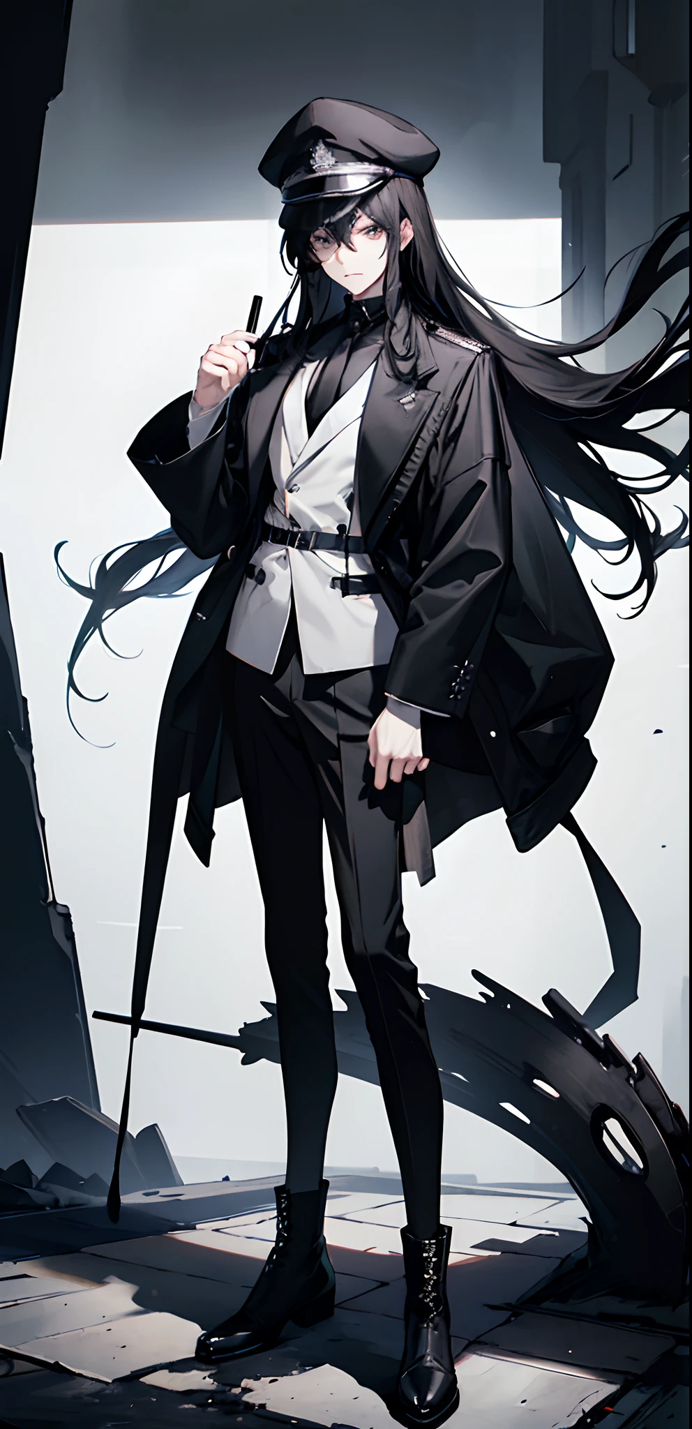 a man, neutral expression, long hair, black hair, combat boots, long black jacket, very baggy black trousers, white undershirt, black tie, black pilot hat, full body