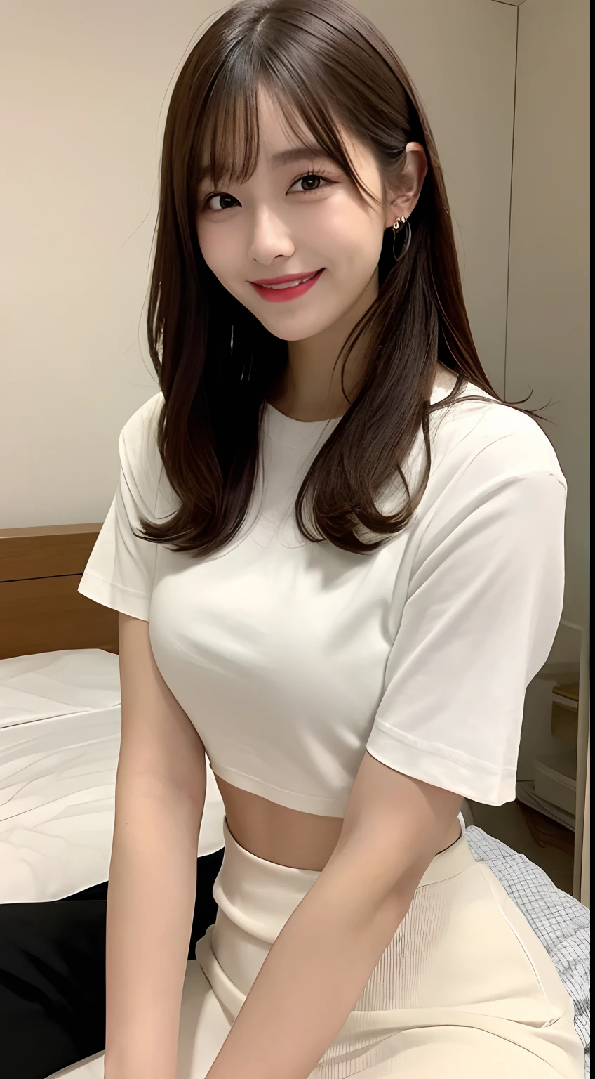 White tight shirt、White tight mini skirt、a bed、a smile、shortsleeves