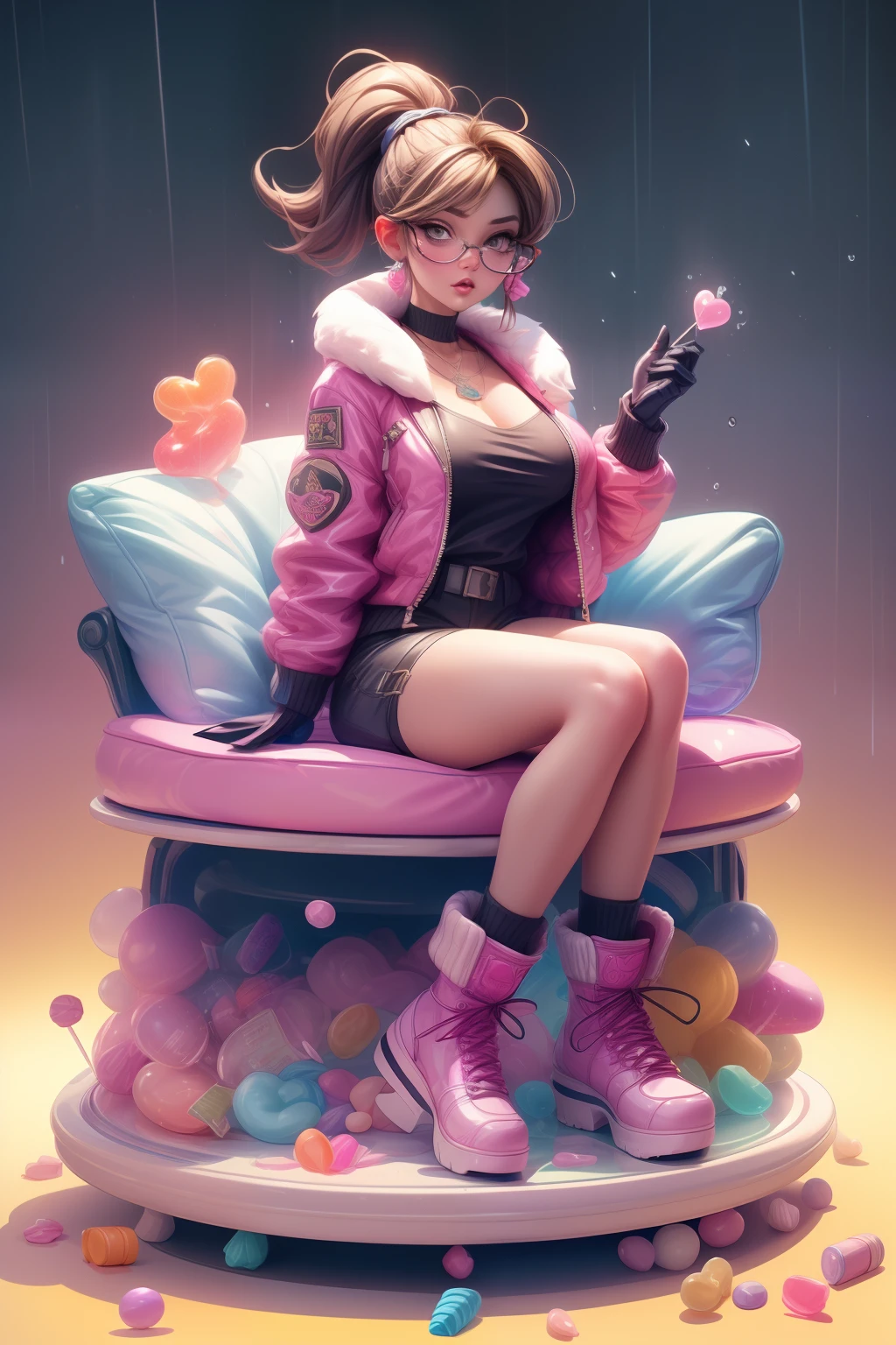 high quality, masterpiece, 30 years old woman with saggy breast, showing F/2.8, 5D, 16k, Super- angry look wearing hard sugar candy sitting in royal branded sofa, with candy humans, sunglass, seductive pose, silky candy transparent plastic jacket short pants silk candy gloves fur boots candy neckalce, Resolution . realistic style, key visual, vibrant, Huge sugar candy rain, young Indian 3d render sexzy A stunning landscape of a candy candy, hardcandyy, jelly, lollipops, sugar sour, candies, diplay nametag click_aimad,