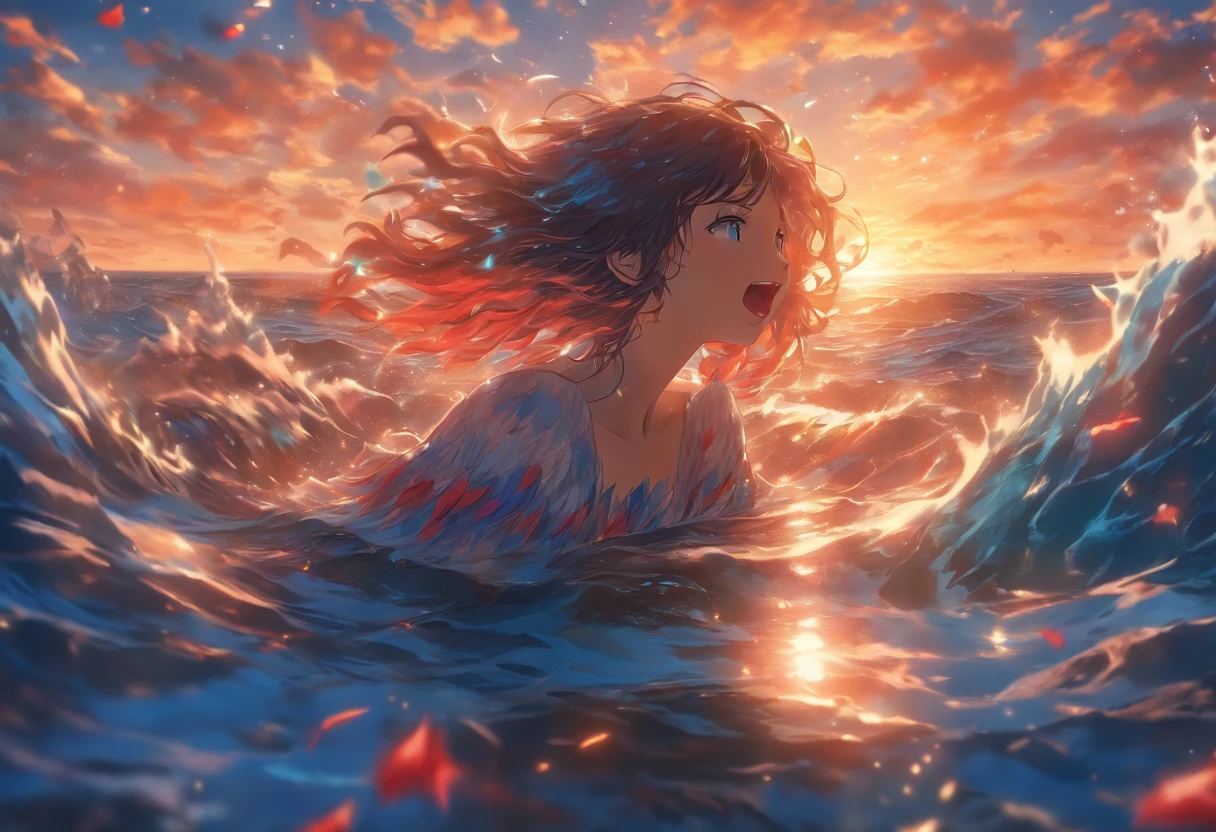 A girl drowning in the sea, bird with red and blue feathers gripping her
(hand-colored:1.1), detailed underwater scene, clear blue water, shimmering sunlight,
beautiful girl with long flowing hair, struggling to breathe, realistic waves surrounding her,
dramatic lighting, bright sky with fluffy clouds, intricate textures on the bird's feathers,
vivid colors, high-resolution artwork (4k:1.2), dreamlike atmosphere, intense and emotional.
