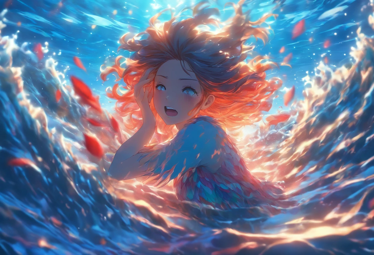 A girl drowning in the sea, bird with red and blue feathers gripping her
(hand-colored:1.1), detailed underwater scene, clear blue water, shimmering sunlight,
beautiful girl with long flowing hair, struggling to breathe, realistic waves surrounding her,
dramatic lighting, bright sky with fluffy clouds, intricate textures on the bird's feathers,
vivid colors, high-resolution artwork (4k:1.2), dreamlike atmosphere, intense and emotional.
