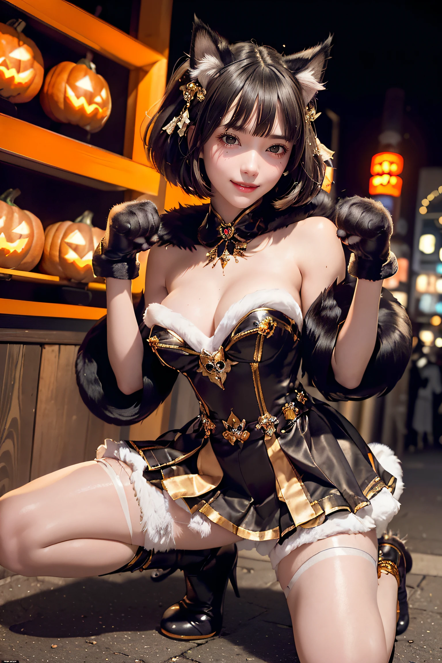 masterpiece, top-quality, top-quality, Beautifully Aesthetic:1.2, 1girl, party night, ((Wearing a high-quality fur costume cat, gloves of cat, cat paw-shaped shoes, fur miniskirt):1.2), high detailed, (kneeling with paw pose:1.3), large breasts, firm breast, nicely shaped breasts, slender figure,
((Dark Brown Hair)), wavy hair, ((short hair:1.2)),
((in A modern street of decorated for Halloween in Shibuya at late night:1.2)), (Upper body shot:1.1), (From below), (Focus on face:1.1), ((looking at viewer:1.2)),