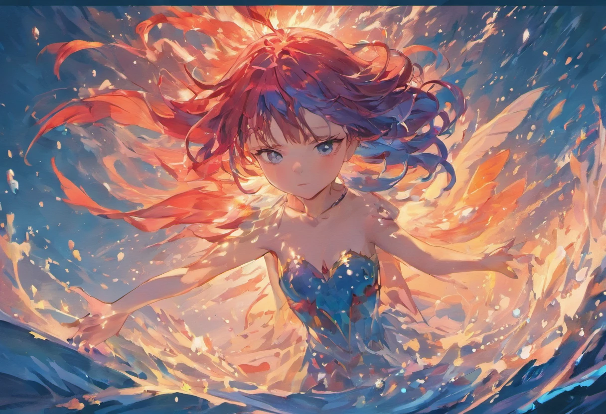a girl drowning in the sea, a bird with red and blue feathers gripping her with its claws, oriental mythology, detailed feathers and wings, underwater scene, dramatic lighting, mythical creature, ethereal beauty, magical atmosphere, vibrant colors, lifelike bird's eyes, intense emotions, desperate struggle, perilous situation, dynamic composition, mystical aura