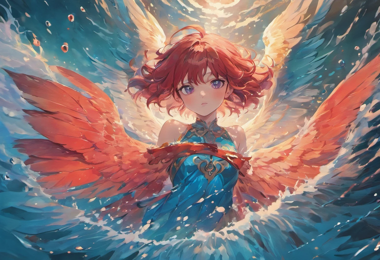 a girl drowning in the sea, a bird with red and blue feathers gripping her with its claws, oriental mythology, detailed feathers and wings, underwater scene, dramatic lighting, mythical creature, ethereal beauty, magical atmosphere, vibrant colors, lifelike bird's eyes, intense emotions, desperate struggle, perilous situation, dynamic composition, mystical aura