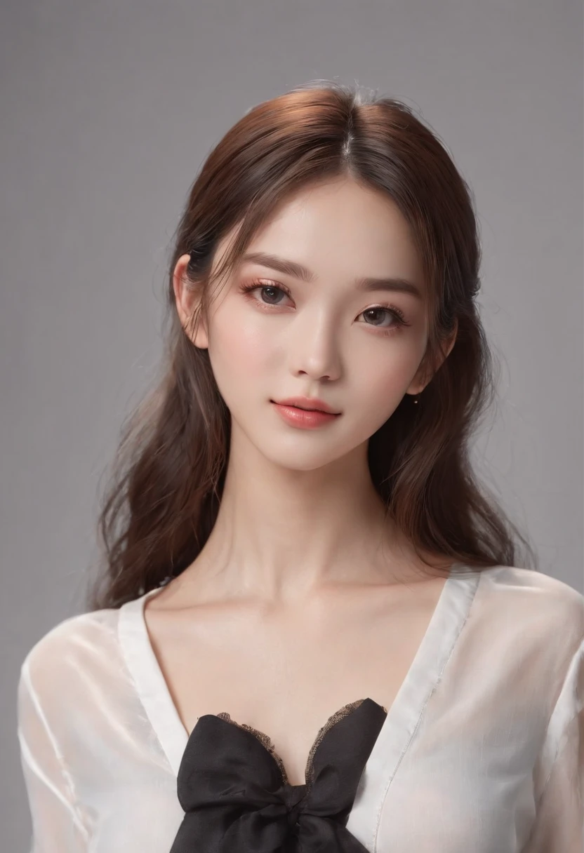 Portrait of a cute 15 year old girl with perfectly beautiful face, Photo engraving sexy pose, (Masterpiece:1.3), (8K, Photorealistic, RAW photography, Best quality:1.4), (1girll), Beautiful face, Realistic face, (Detailed face), Beautiful hairstyle, (detailed hairs), Realistic eyes, (Detailed eyes), Beautiful details, Realistic skin, (Detailed skin), Beautiful skin, Attractive, hyper HD, ultra-realistic realism, Very detailed,, Japanese beauty, (Slim figure), (White button up long shirt :1.1, Sexy), Gentle smile, perfect teeth, Brown hair, (Supermodel figure), Cute young Japanese girl, Beautiful young Japanese girl, (simple grey background), Enhanced cleavage masterpiece、top-quality、(reallistic、Light reality:1.4)、(RAW photogr:1.2)、Very delicate CG Unity 8K wallpaper、very delicate beautiful.、A majestic、Attention to detail、offcial art、absurderes、Incredibly ridiculous resolution、Extremely fine、very intricate、Beautiful eyes and face、Beautiful exquisite eyes、Light on the face、1 girl in、、Bare wrists、By bangs、Wuerjiang - 6500-V1.1、(black cloaths:1.4)、(studio photoshot:1.4)、(E-commerce advertising:1.4)(black t-shirts:1.4), (Physiognomy lens:1.4),